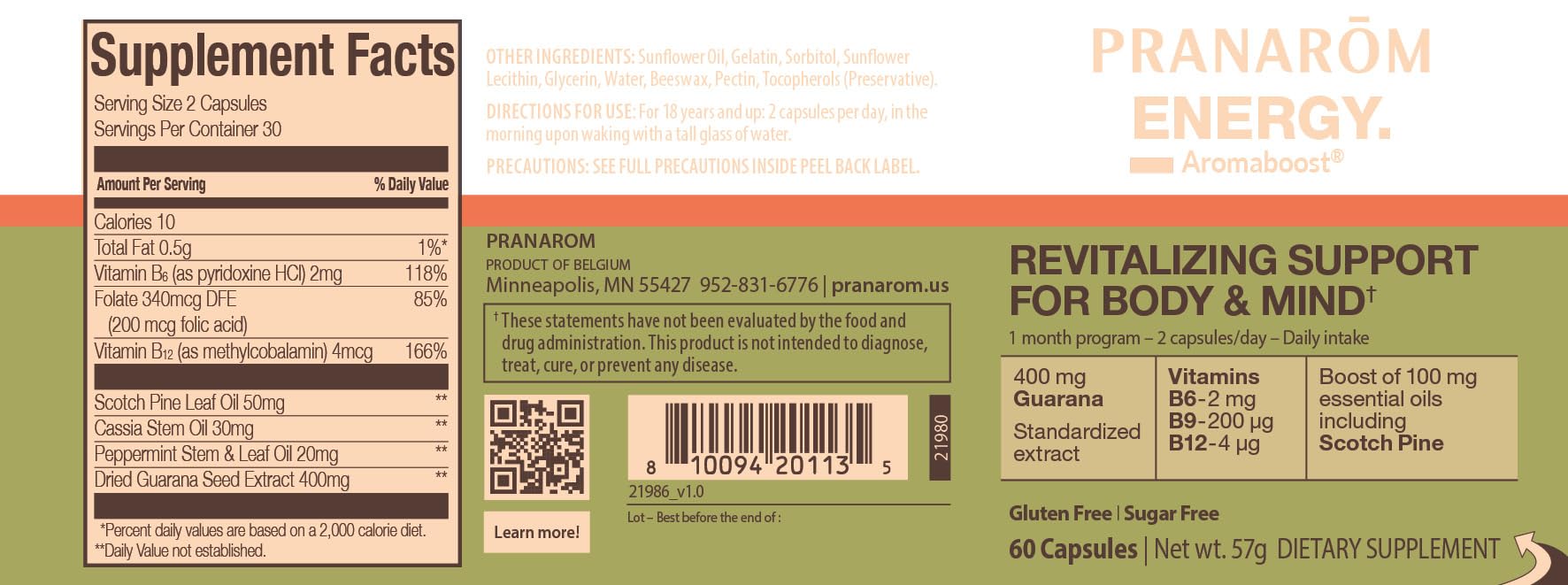 Pranarom - Aromaboost Energy Herbal Supplement - for Physical and Mental Fatigue - Guarana - Vitamins B6 B9 B12 - Pure Scots Pine Essential Oil - 60 Count Pranarom uk supplements