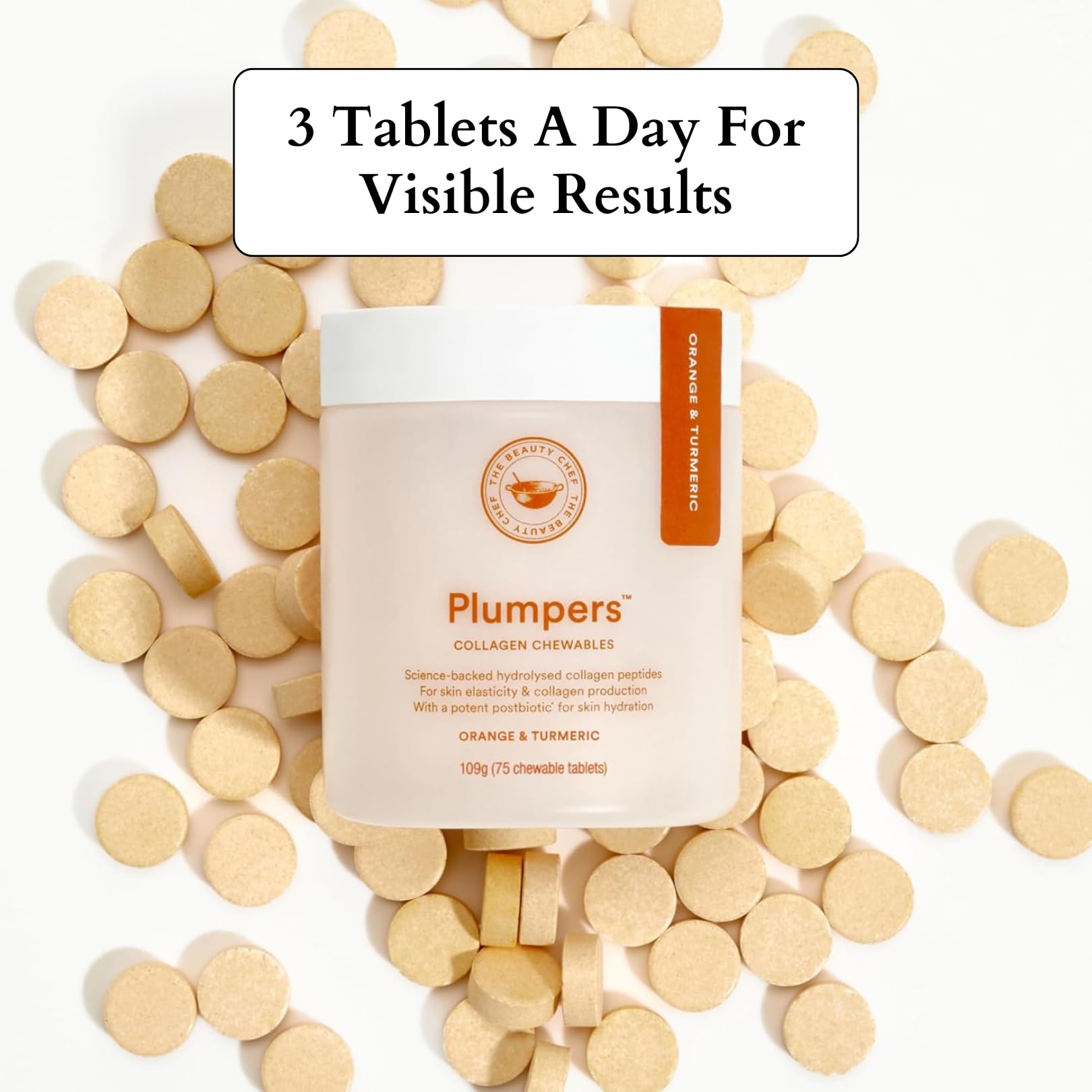 The Beauty Chef Plumpers™ Collagen Chewable Tablets with Hyaluronic Acid & Postbiotic, Supports Skin Elasticity & Collagen, Women's Multivitamin, Collagen Peptides, 75 Tablets (Orange & Turmeric) The Beauty Chef uk supplements
