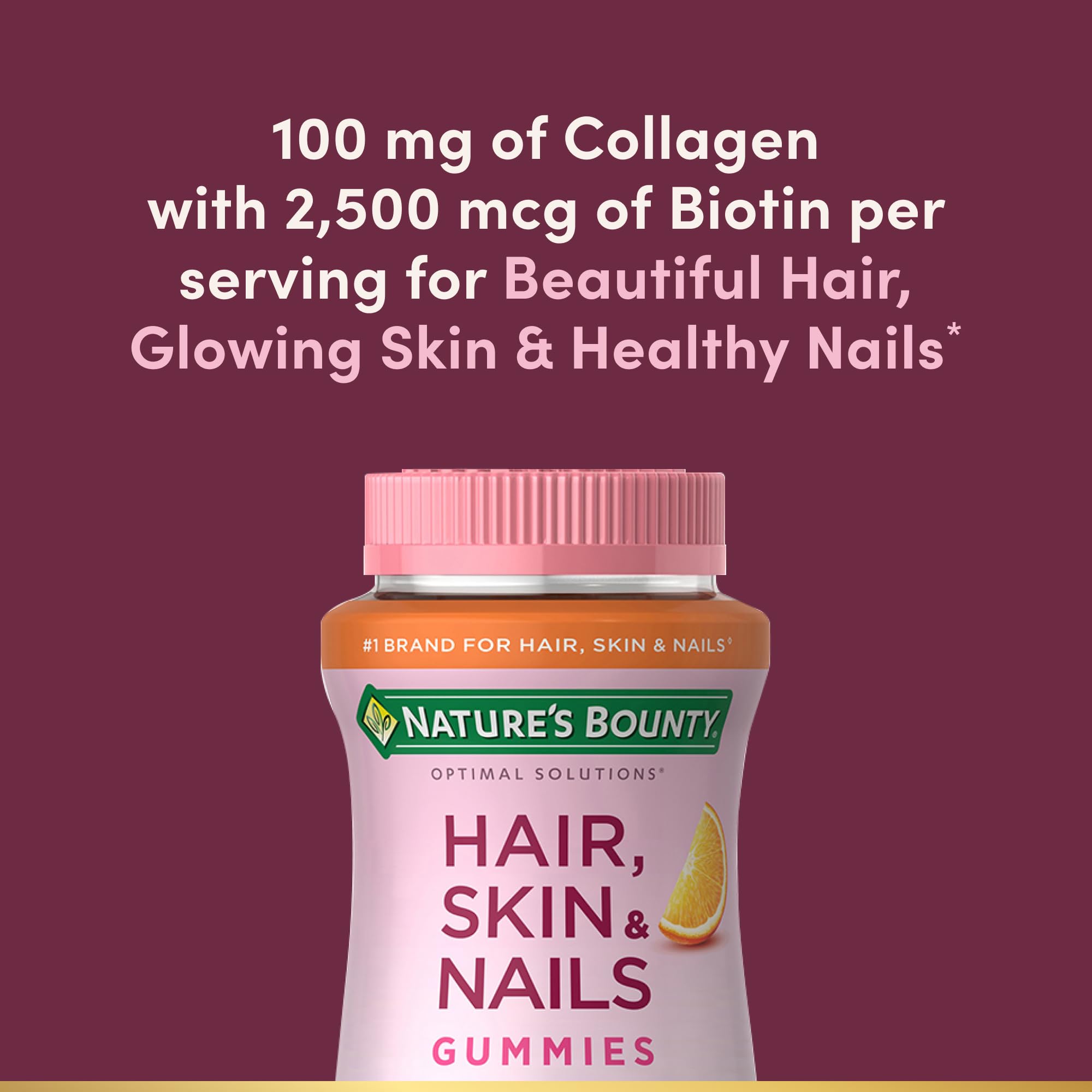 Nature's Bounty Optimal Solutions Hair, Skin & Nails with Biotin and Collagen, Citrus-Flavored Gummies Vitamin Supplement, 2500 mcg, 80 Ct, 40 Total Servings Nature's Bounty uk supplements