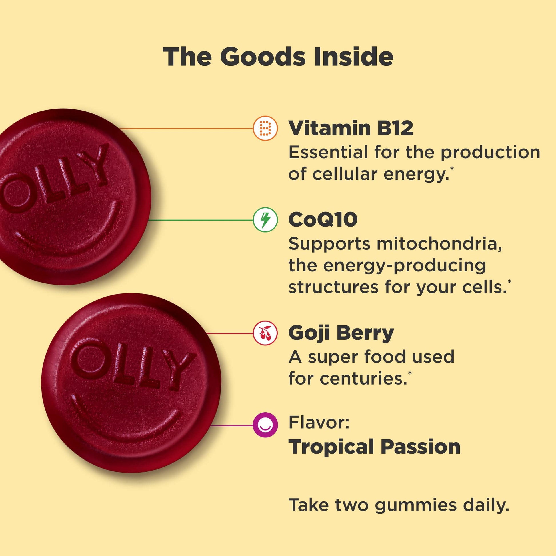 OLLY Daily Energy Gummy, Caffeine Free, Vitamin B12, CoQ10, Goji Berry, Adult Chewable Supplement & Hello Happy Gummy Worms, Mood Balance Support, Vitamin D, Saffron, Adult Chewable Supplement OLLY uk supplements
