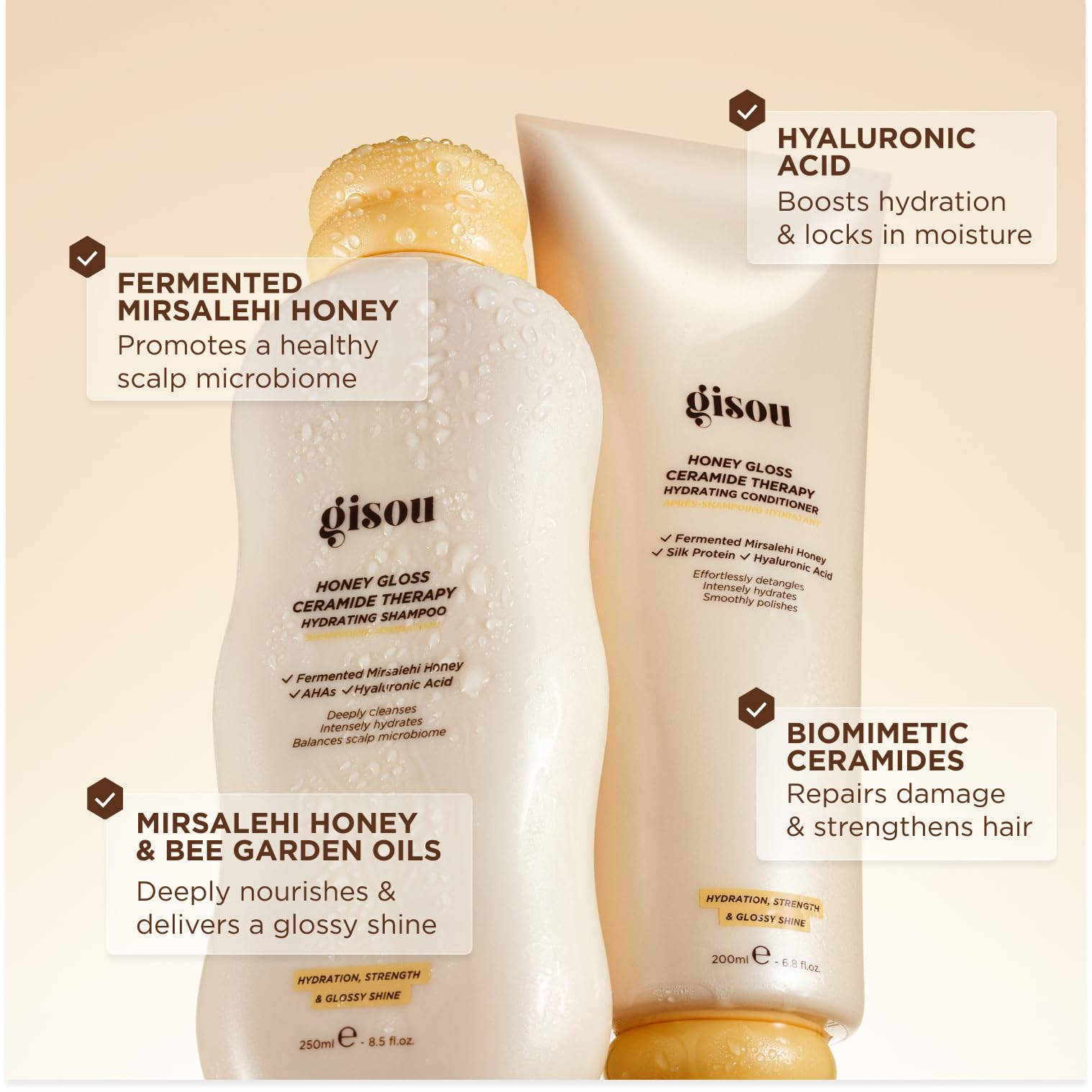 Gisou Honey Gloss Hair Therapy Trio - Mini Shampoo, Hair Mask and Conditioner for smoother, stronger and glossier hair Gisou uk supplements