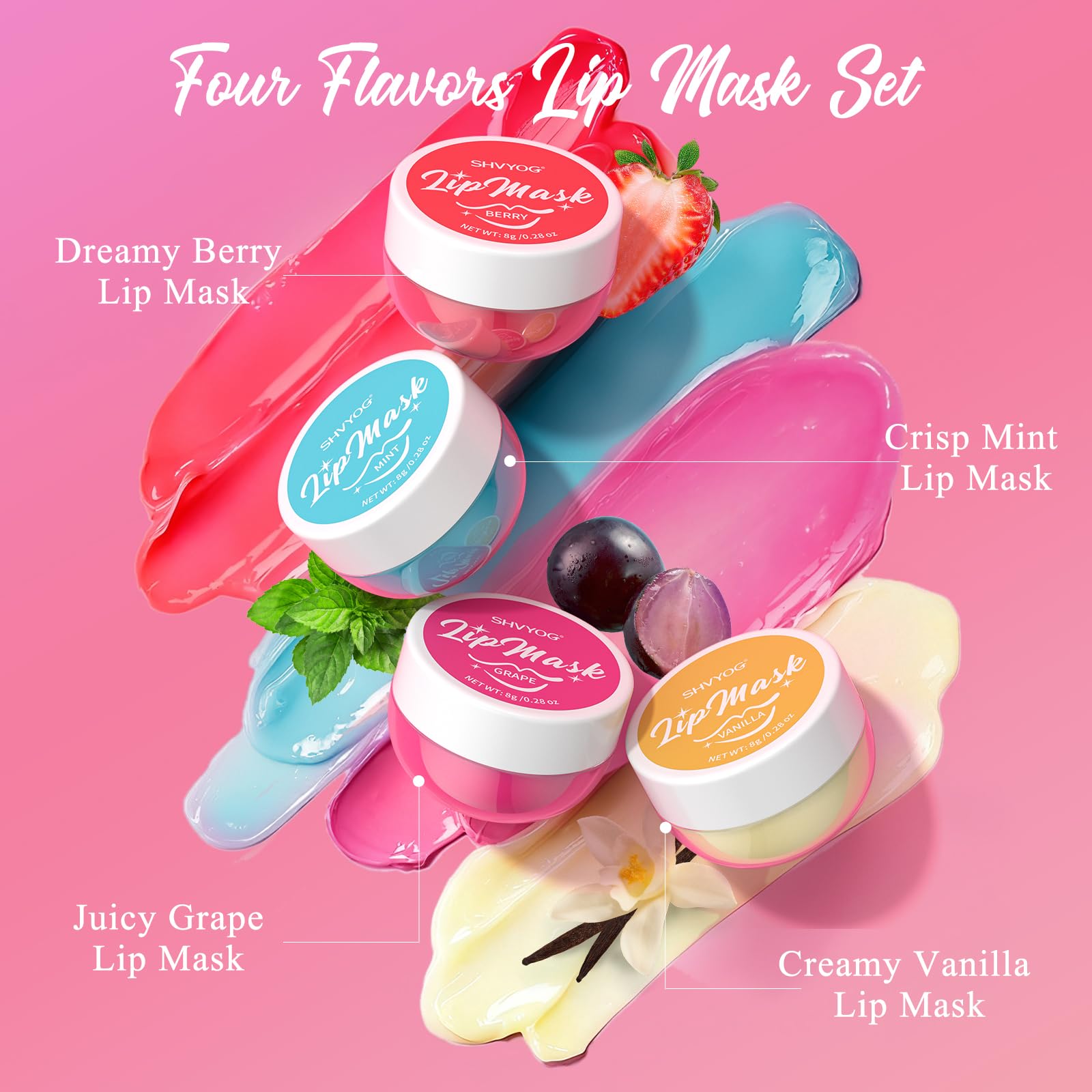 4 Pack Lip Mask Set, Hydrating Lip Mask Overnight - Berry, Grape, Mint, Vanilla Flavors, Lip Sleeping Mask Nourish Lip Balm with Vitamin C & Shea Butter | Dry Lips Care Gift SHVYOG uk supplements