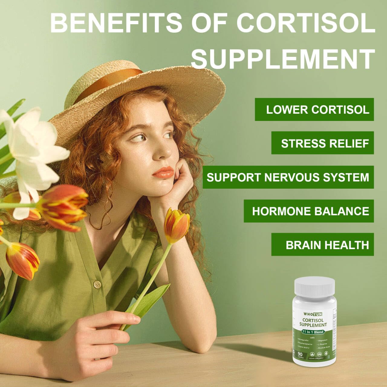 Whoyun Cortisol Supplement for Women, 11 in 1 Lower Cortisol Blend with Ashwagandha, Phosphatidylserine, Magnesium, L-Theanine, Vegan, 90 Capsules Whoyun uk supplements