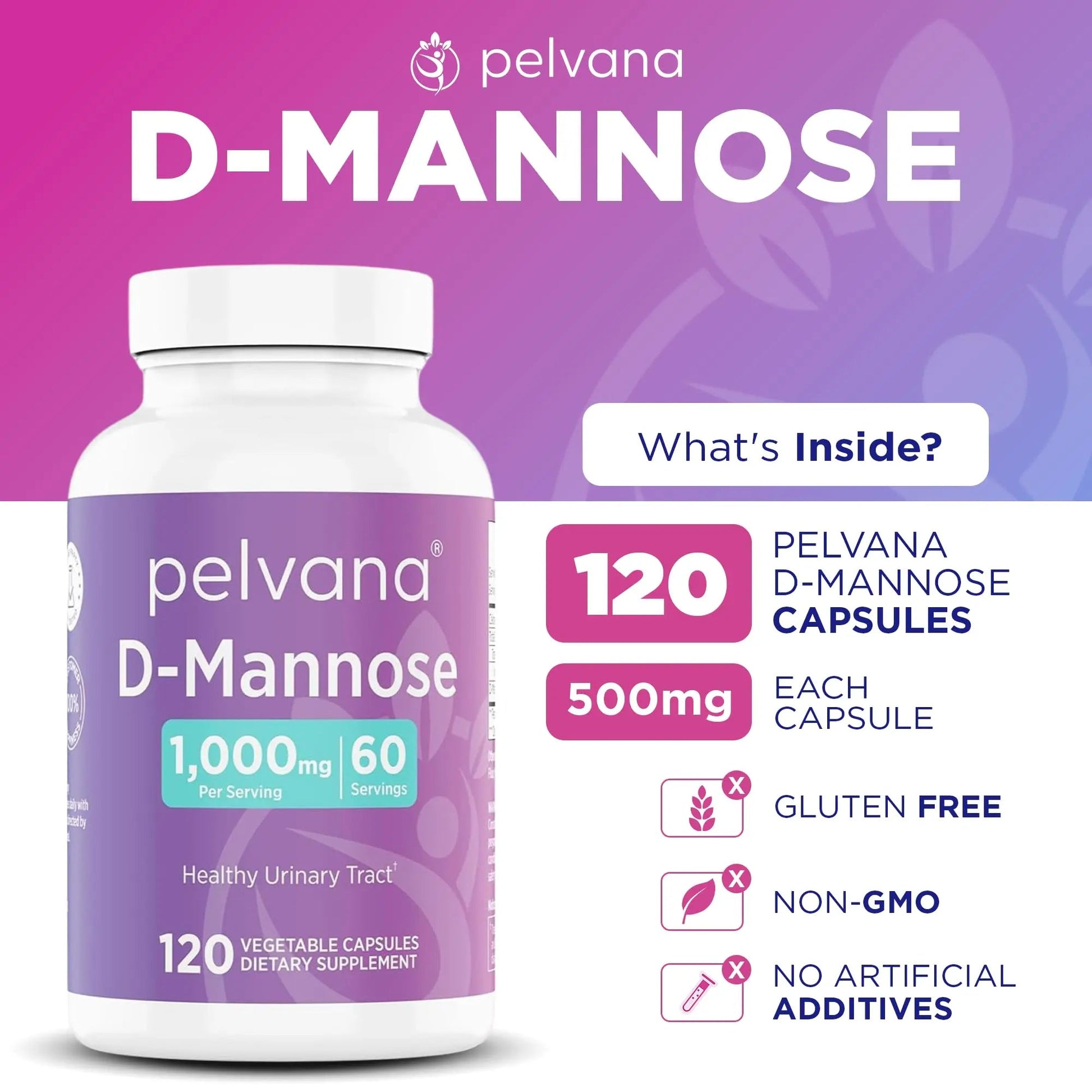Pelvana D-Mannose 120 Capsules (500mg Each) – 1000mg per Serving – Assists & Maintains Healthy Urinary Tract, Flushes Impurities, Pure Ingredients, Gluten-Free – Third-Party Lab Tested, Made in USA Pelvana uk supplements
