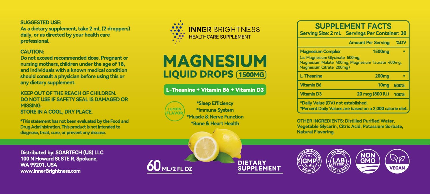 Magnesium Glycinate Liquid Drops 1500mg with Magnesium Citrate & Taurate, L-Theanine, Vitamin D3, B6 - Supports Calm, Sleep, Muscle Relaxation, Leg Cramps & Energy, Lemon Flavor, 60 mL Inner Brightness uk supplements
