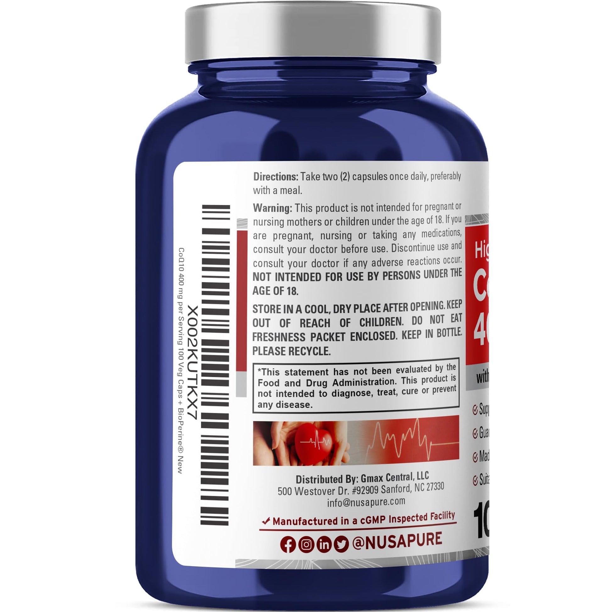 NusaPure CoQ10 400mg 100 Veggie Caps (Vegan, Non-GMO) Coenzyme Q10 Supplement, Antioxidant COQ-10 Enzyme, Coq 10 NusaPure uk supplements