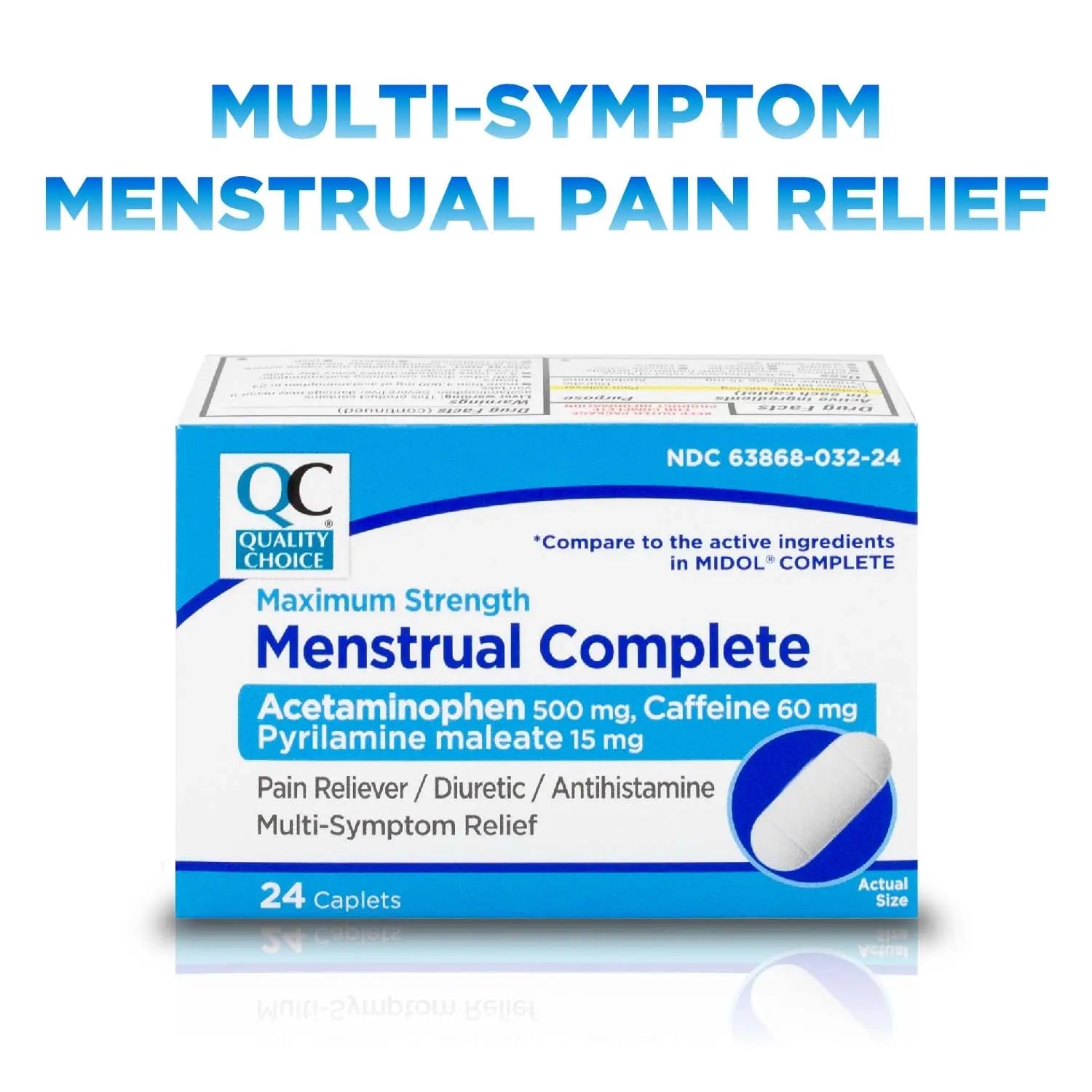 Quality Choice Menstrual Complete Max Strength Period Pain Relief, 500 mg of Acetaminophen, 60mg of Caffeine, 15mg of Pyrilamine Maleate, Cramps, Bloating, Headache. 24 Count. Quality Choice uk supplements