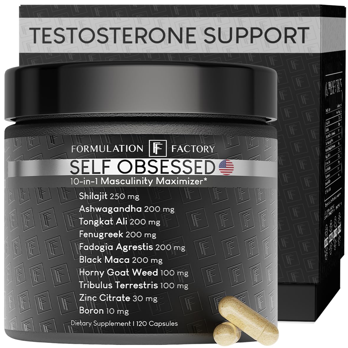 Self Obsessed Masculine Vitality & Testosterone Support - 10-in-1 Complex with Shilajit, Tongkat Ali, & Fadogia Agrestis - 120 Capsules, 2 Month Supply (120 Count (Pack of 1), Self Obsessed) Formulation Factory uk supplements