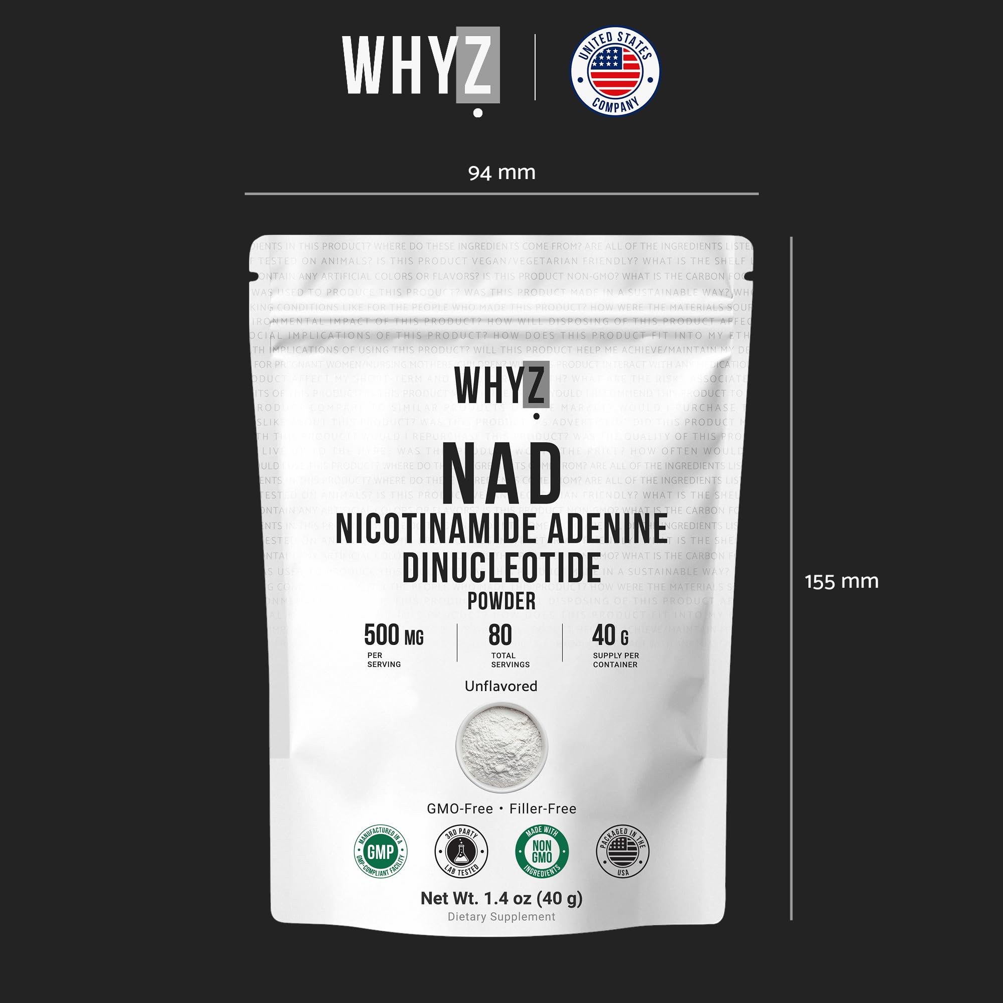 Pure NAD Powder Nicotinamide Adenine Dinucleotide Supplement Unflavored and Gluten-Free Premium Pure NAD Powder for Daily Wellness and Nutrition Support, 40g WHYZ uk supplements