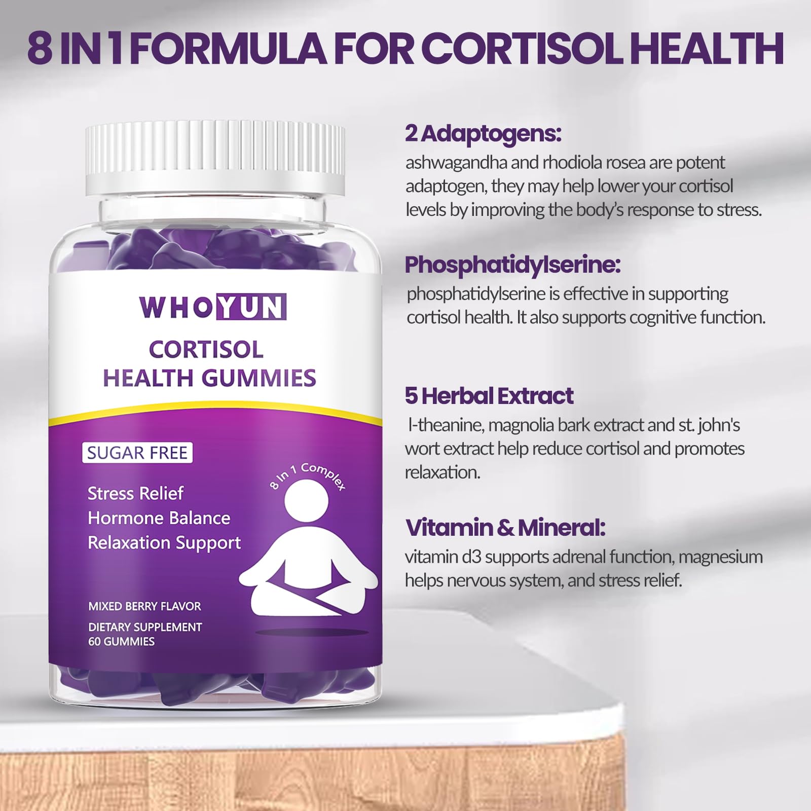 Whoyun Cortisol Supplement Gummies for Women, Lower Cortisol with Phosphatidylserine Ashwagandha Magnesium, Stress Relief, Vegan Sugar Free, 60 Count Whoyun uk supplements