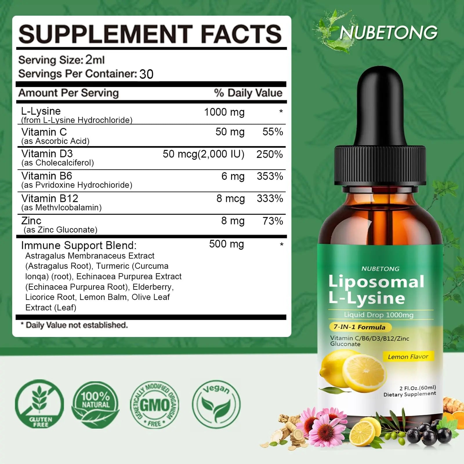 Liposomal L-Lysine 1000mg Liquid Drops, 7-in-1 Lysine Supplement for Adults with Vitamin C/B6/D3/B12 & Zinc Gluconate, Immune Support, Collagen Synthesis & Skin Lip Health, Lemon Flavor, 2 Fl Oz Nubetong uk supplements
