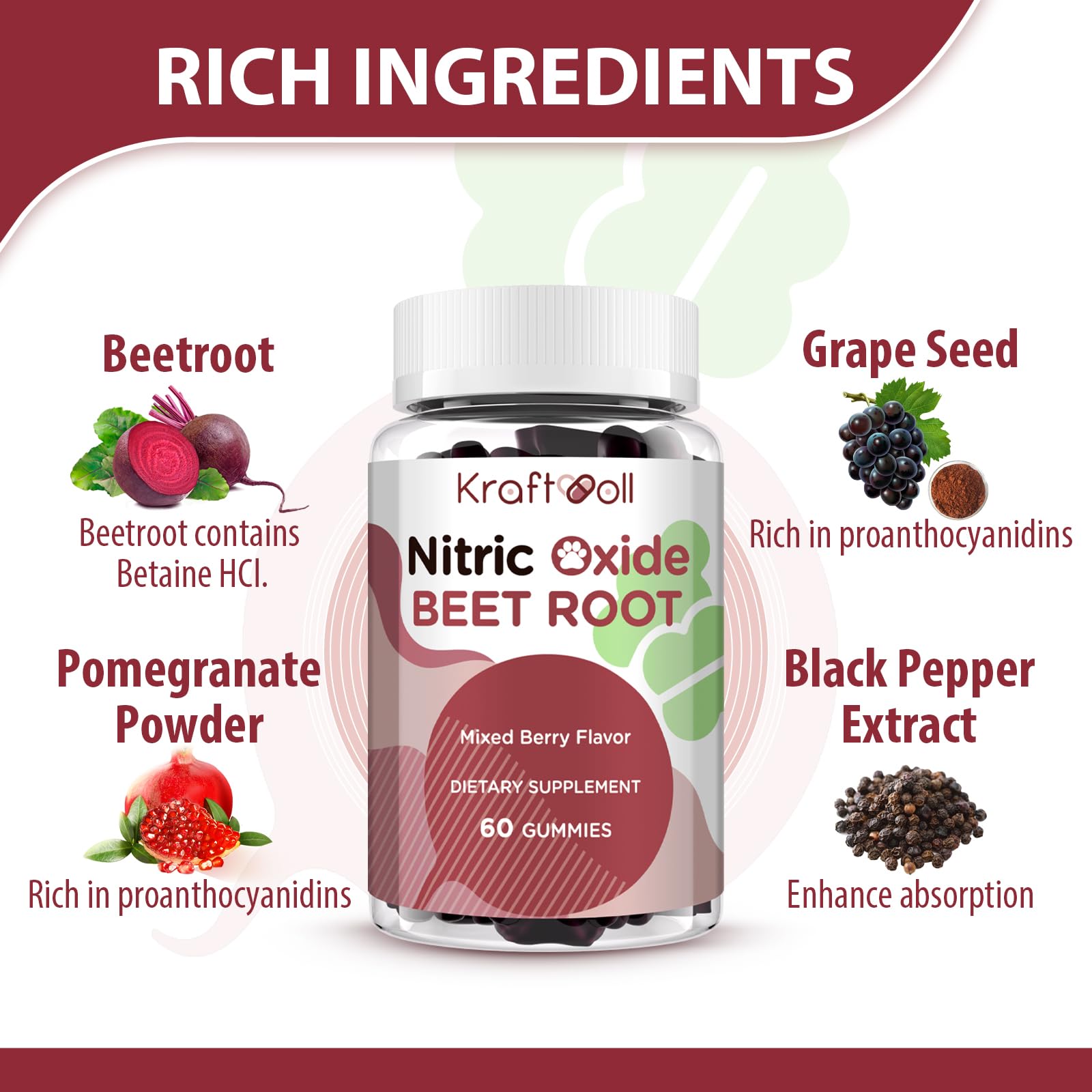 Kraftvoll Nitric Oxide Beet Root Gummies – Sugar-Free Beet Chewables, Mixed Berry Flavor with Grapeseed Powder, Pomegranate, Vitamin C & B12 – Nitric Oxide Supplements for Men – 60 Gummies (2 Bottles) Kraftvoll uk supplements