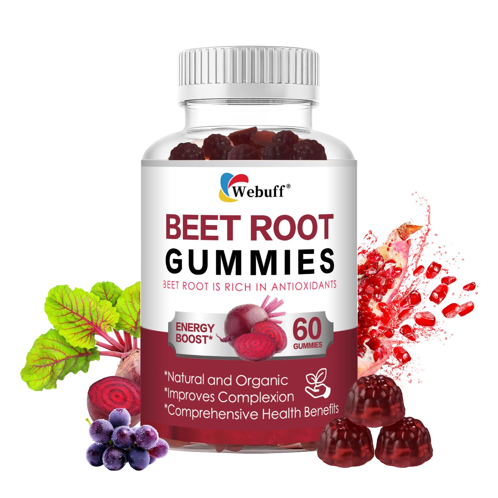 Webuff Beet Root Gummies - Nitric Oxide Booster with Organic Beet, Pomegranate & Grape Seed, Vitamin B12 - Energy, Circulation & Heart Health Support, Vegan, Non-GMO, 60 Count (Pack of 1) Webuff uk supplements