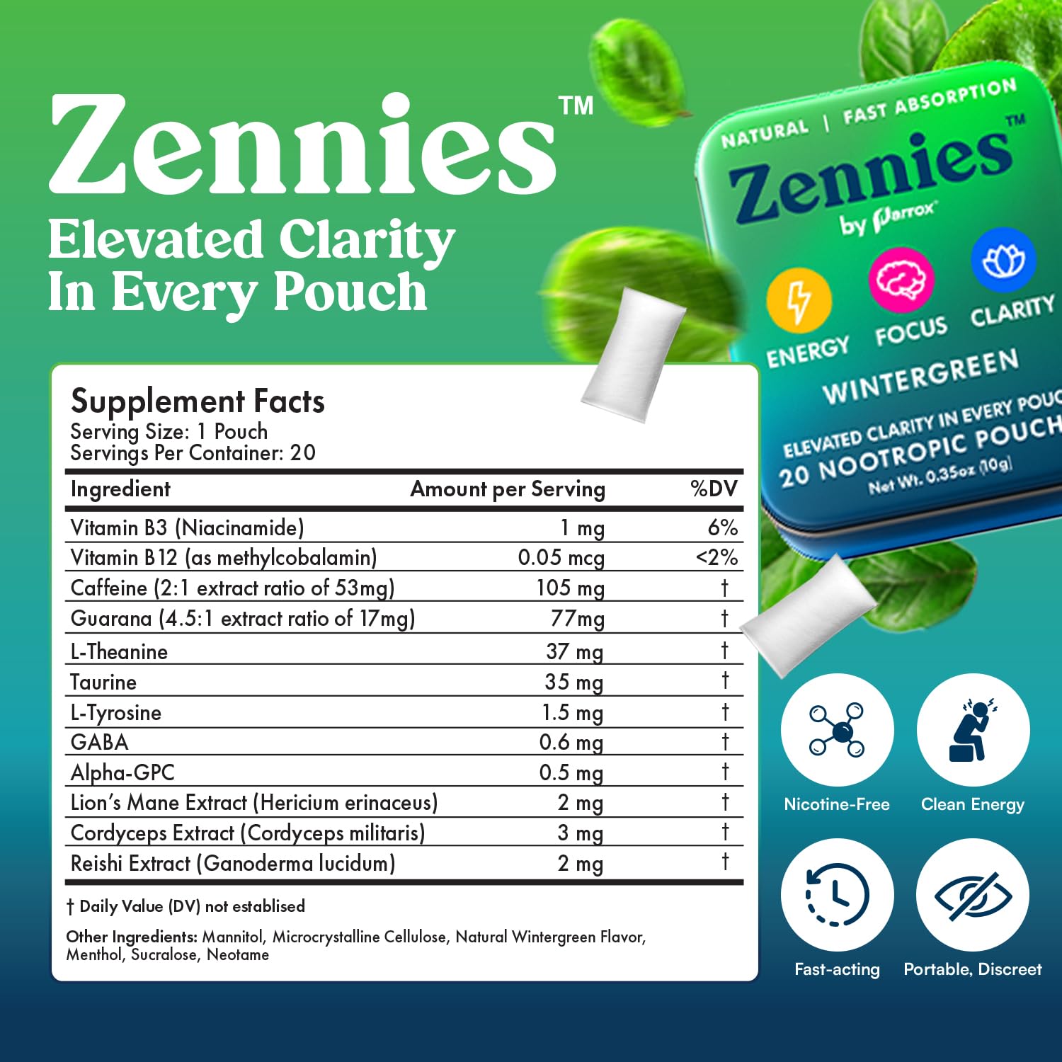 Zennies Caffeine Nootropic Pouches with Alpha GPC, L-Tyrosine & L-Theanine, Lion's Mane, Cordyceps, Reishi - Nicotine Free, No Sugar or Artificial Sweeteners Nootropic Energy Pouches, Wintergreen 1 PK Parrox uk supplements