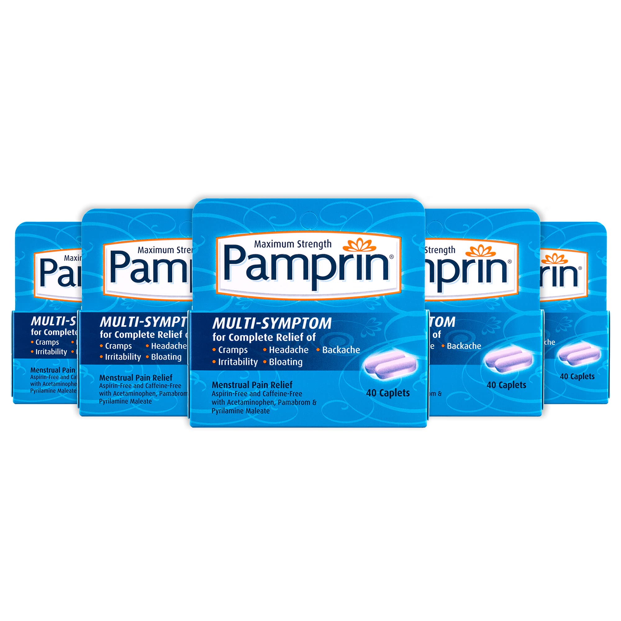Pamprin Multi-Symptom Formula, with Acetaminophen, Menstrual Period Symptoms Relief including Cramps, Pain, Irritability and Bloating, 40 Caplets (Pack of 5) Pamprin uk supplements