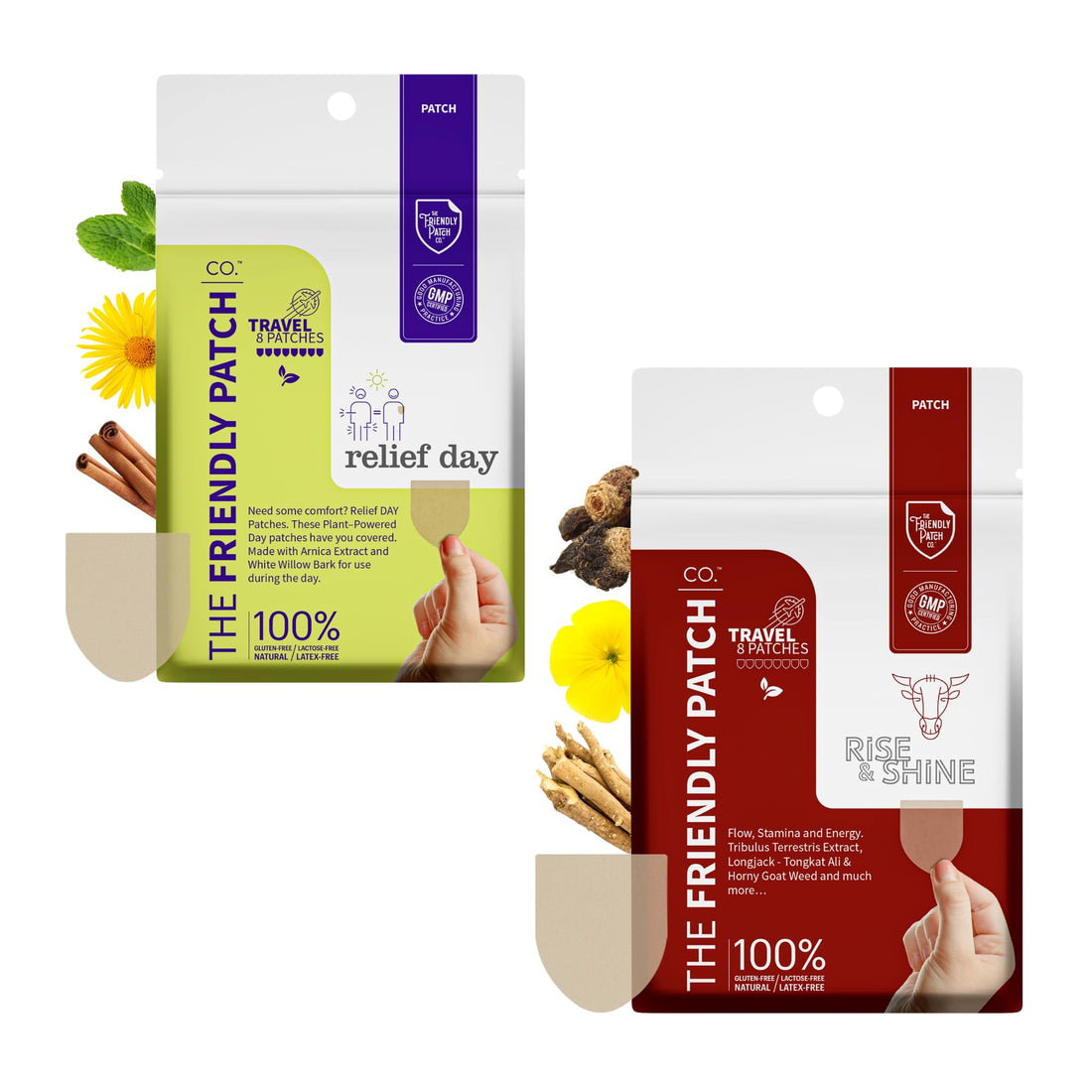 Relief Day & Rise & Shine Patch Bundle - Arnica, White Willow Bark, Tongkat Ali, Horny Goat Weed, Saffron & Peppermint for Soreness, Strength, and Performance Support - 16 Plant-Powered Patches for Me The Friendly Patch CO. uk supplements