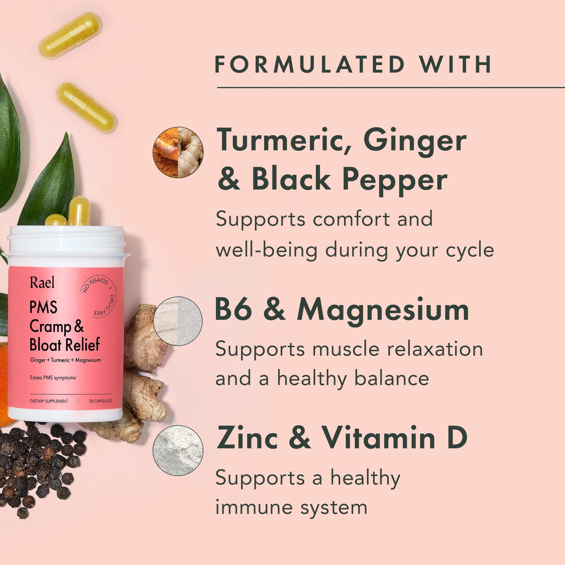 Rael PMS Supplement, Hormone Balance for Women, Relief from Menstrual Cramps with Turmeric, Ginger, Magnesium (28 Capsules) Rael uk supplements