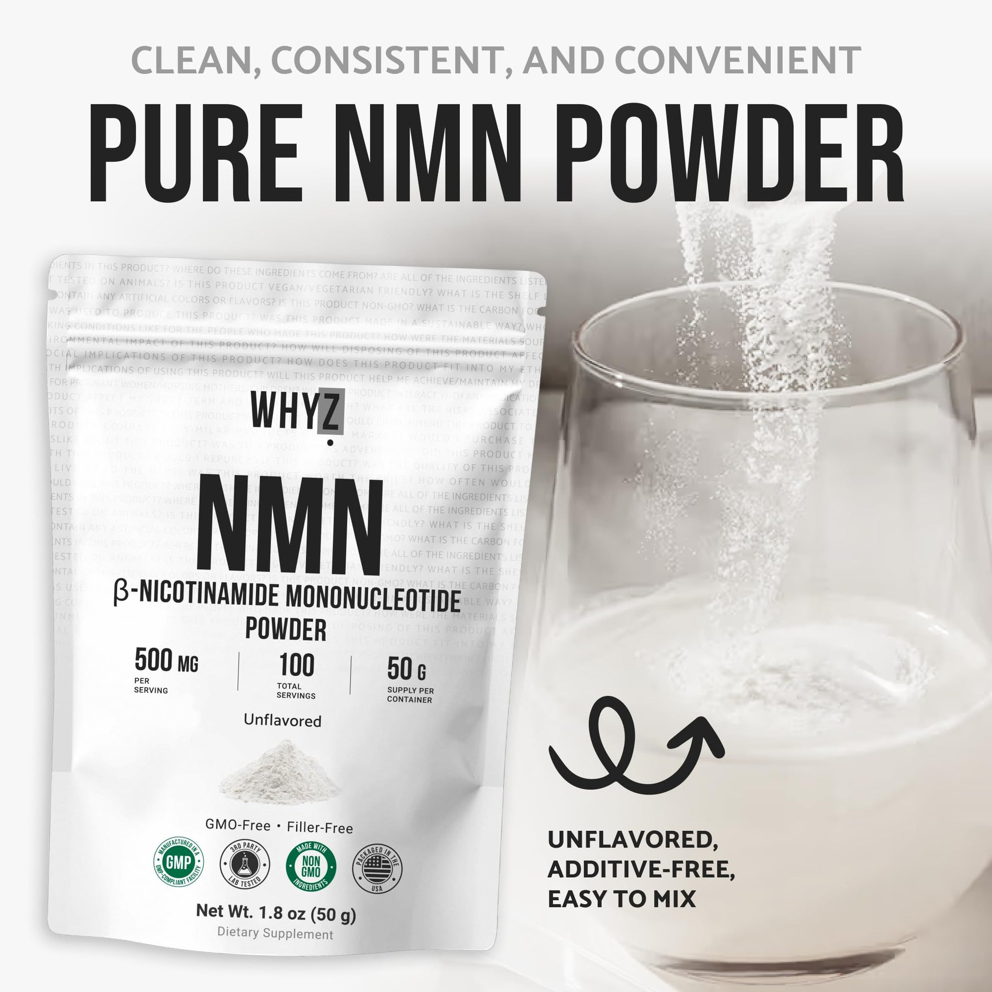 Pure NMN Powder Nicotinamide Mononucleotide Quick Dissolved NMN Supplement Powder 100% Unflavored NMN Supplement Supports NAD+ Levels Vegan Friendly Non-GMO, 50g WHYZ uk supplements