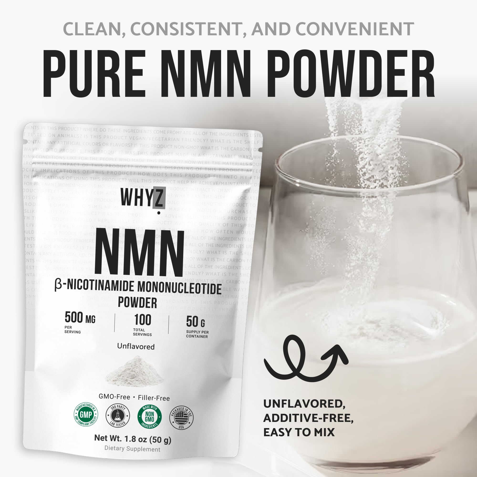 Pure NMN Powder Nicotinamide Mononucleotide Quick Dissolved NMN Supplement Powder 100% Unflavored NMN Supplement Supports NAD+ Levels Vegan Friendly Non-GMO, 50g WHYZ uk supplements