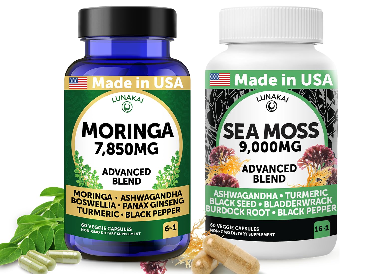 Lunakai USA Made Moringa & Sea Moss Capsules Bundle – 6-in-1 & 16-in-1 Advanced Blends – 60 Non-GMO Veggie Capsules Each Lunakai uk supplements