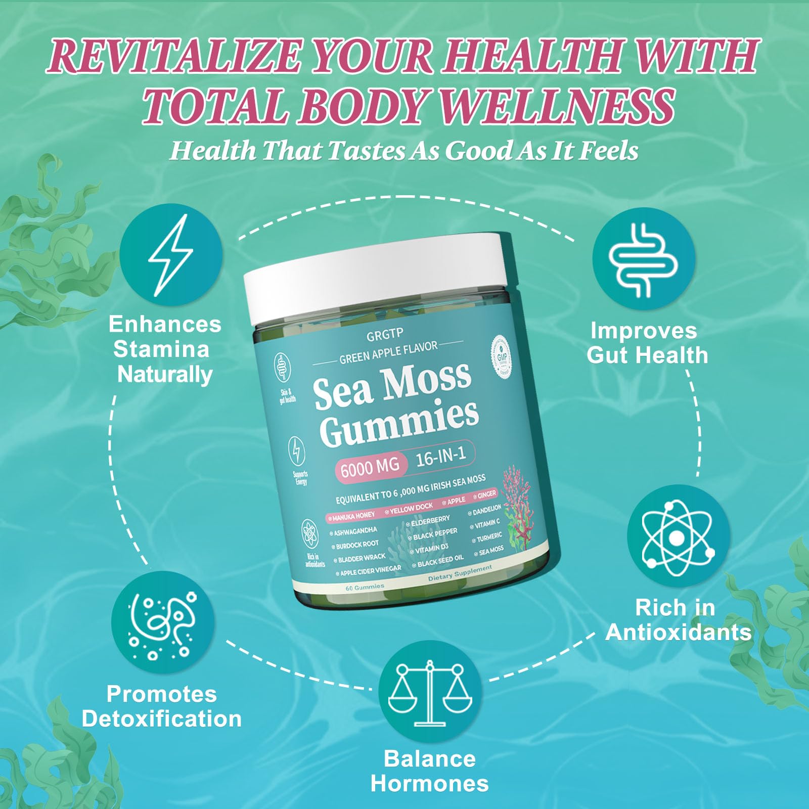 Sea Moss Gummies 16-in-1 - Ashwagandha Black Seed Oil Bladder Wrack Turmeric Vitamin C & D3 with Manuka Burdock Root Dandelion Yellow Dock Natural Detox & Liver Health Immune Support, Energy Boost GRGTP uk supplements