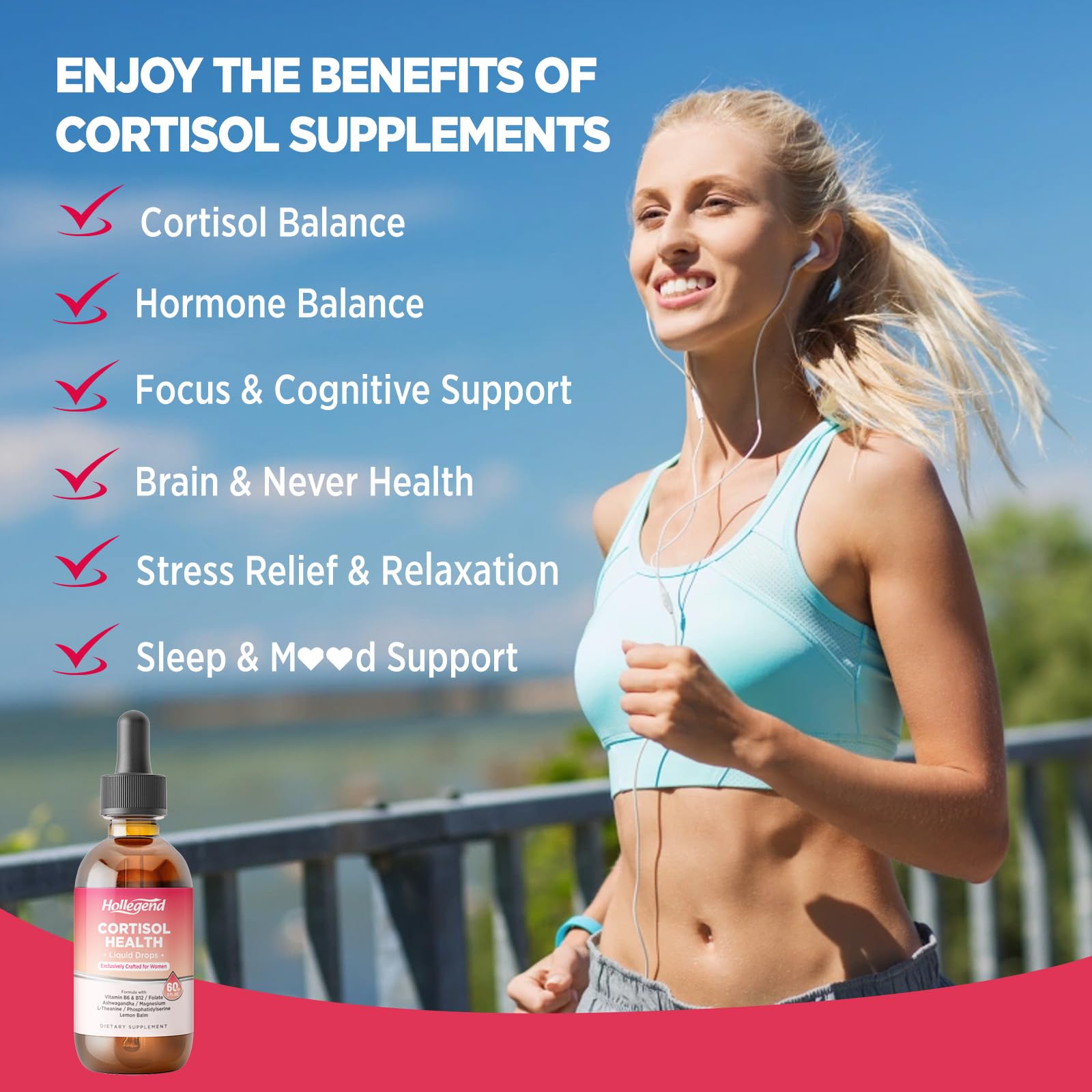 HOLLEGEND Cortisol Supplements for Women, Cortisol Wellness Liquid Drops, 16 in 1 Cortisol Detox Reducer w. Ashwagandha, Magnesium, L-Theanine, Folate for Relaxation & Hormone Balance, Strawberry HOLLEGEND uk supplements