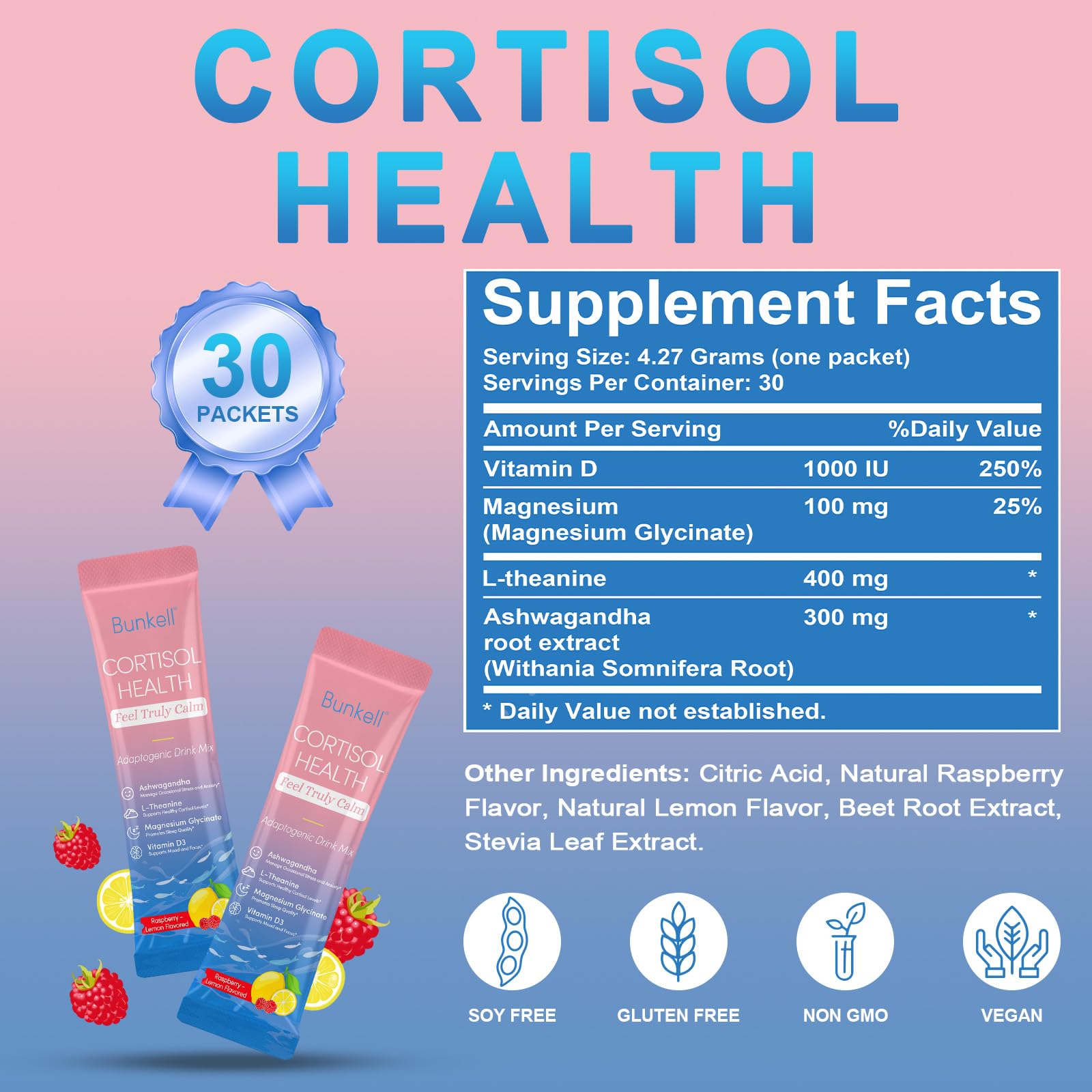 Bunkell Cortisol Powdered Drink Mix, Made with Magnesium Glycinate, L-Theanine, Ashwagandha & Vitamin D3, Cortisol Supplements for Relaxation, Focus & Calm Support, Raspberry Lemonade Flavor, 30 Ct Bunkell uk supplements
