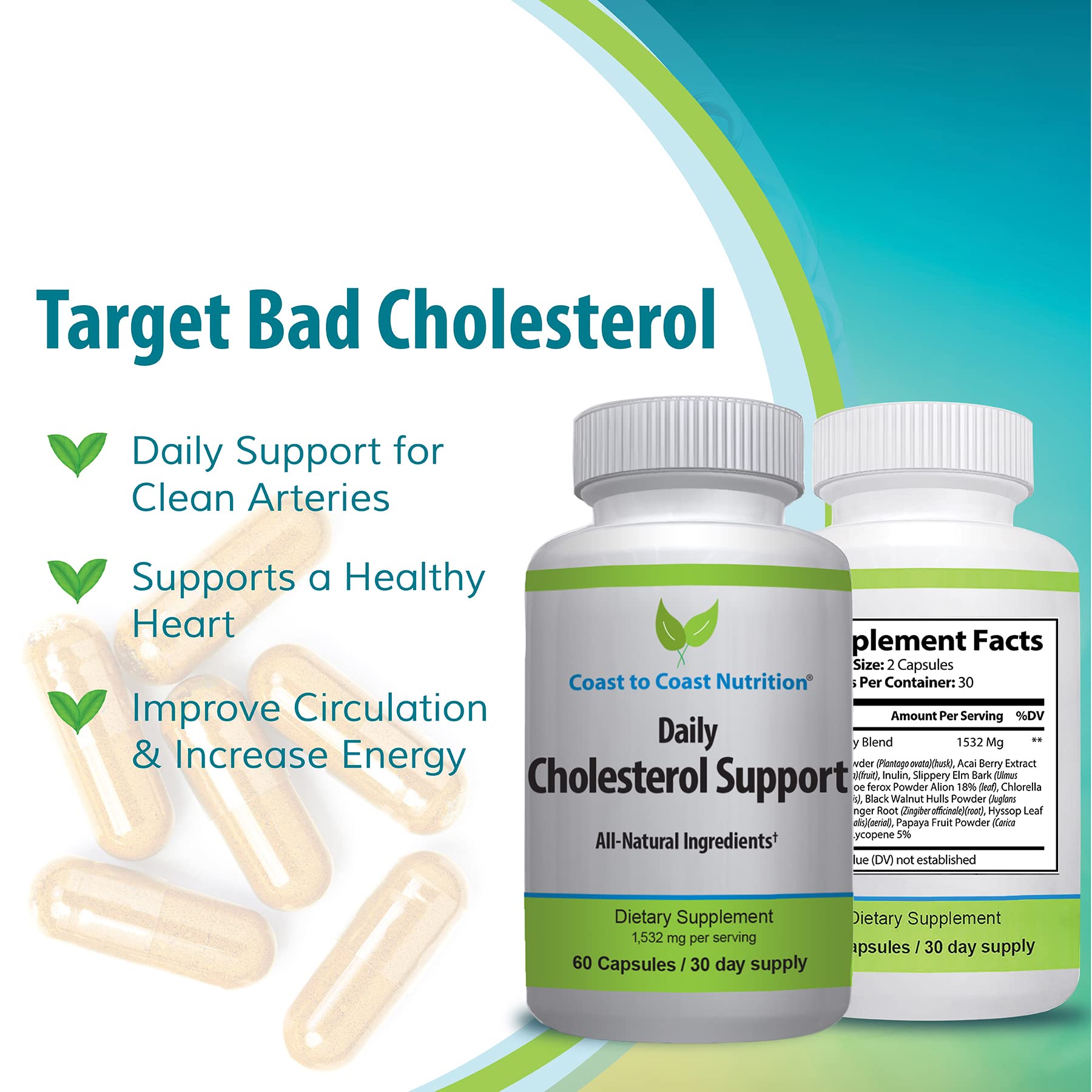 Coast to Coast Nutrition Cholesterol Support Supplement - Support Cardiovascular & Artery Performance, Target Bad LDL Levels & Plaque Calcium Buld-Up - Promote Circulation & Blood Flow - 60 Capsules Coast to Coast Nutrition uk supplements
