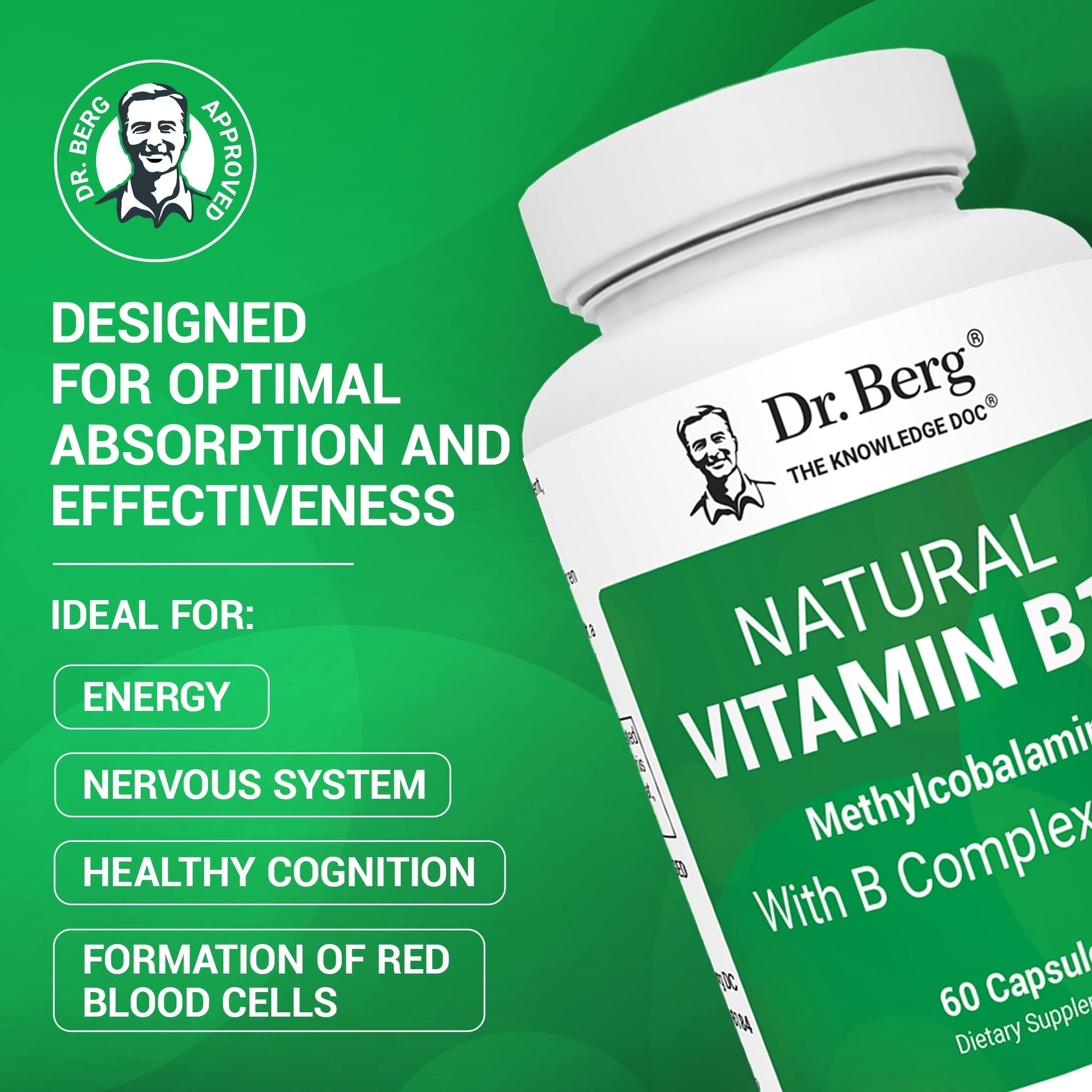 Dr. Berg Natural Vitamin B12 1000 mcg with B Complex Blend - Methylcobalamin B12 for Energy, Nerve Health, and Cognitive Function* - Methylated B12 with Folate - 60 Capsules (2-Month Supply) Dr. Berg Nutritionals uk supplements