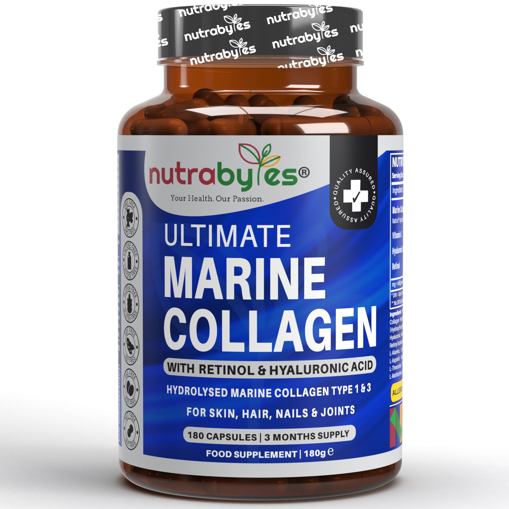 High Strength Marine Collagen with Hyaluronic Acid, Retinol and Vitamin C | 180 Capsules - 3 Months Supply NUTRABYTES uk supplements
