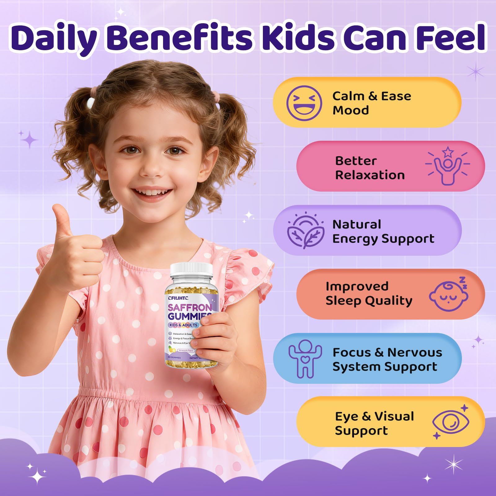 Saffron Gummies for Kids & Adults, 20-in-1 Saffron Supplements with 88.5mg Saffron Extract, B6, B12, C, D3, Magnesium for Calm, Focus, Nerve, Sugar Free, Vegan, Non-GMO - Pineapple Flavor, 60 Counts CFILIHTC uk supplements