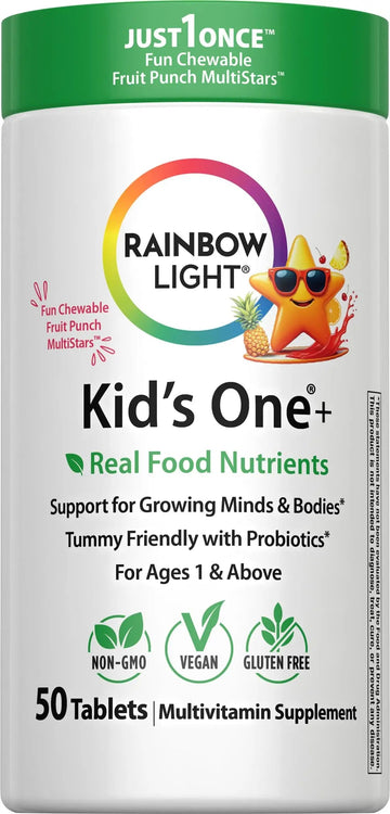 Rainbow Light Kids One + Multivitamin | 50 Chewable Tablets | with Iron & Tummy Friendly Probiotics | Fruit Punch Flavor | Real Food Nutrients Rainbow Light uk supplements