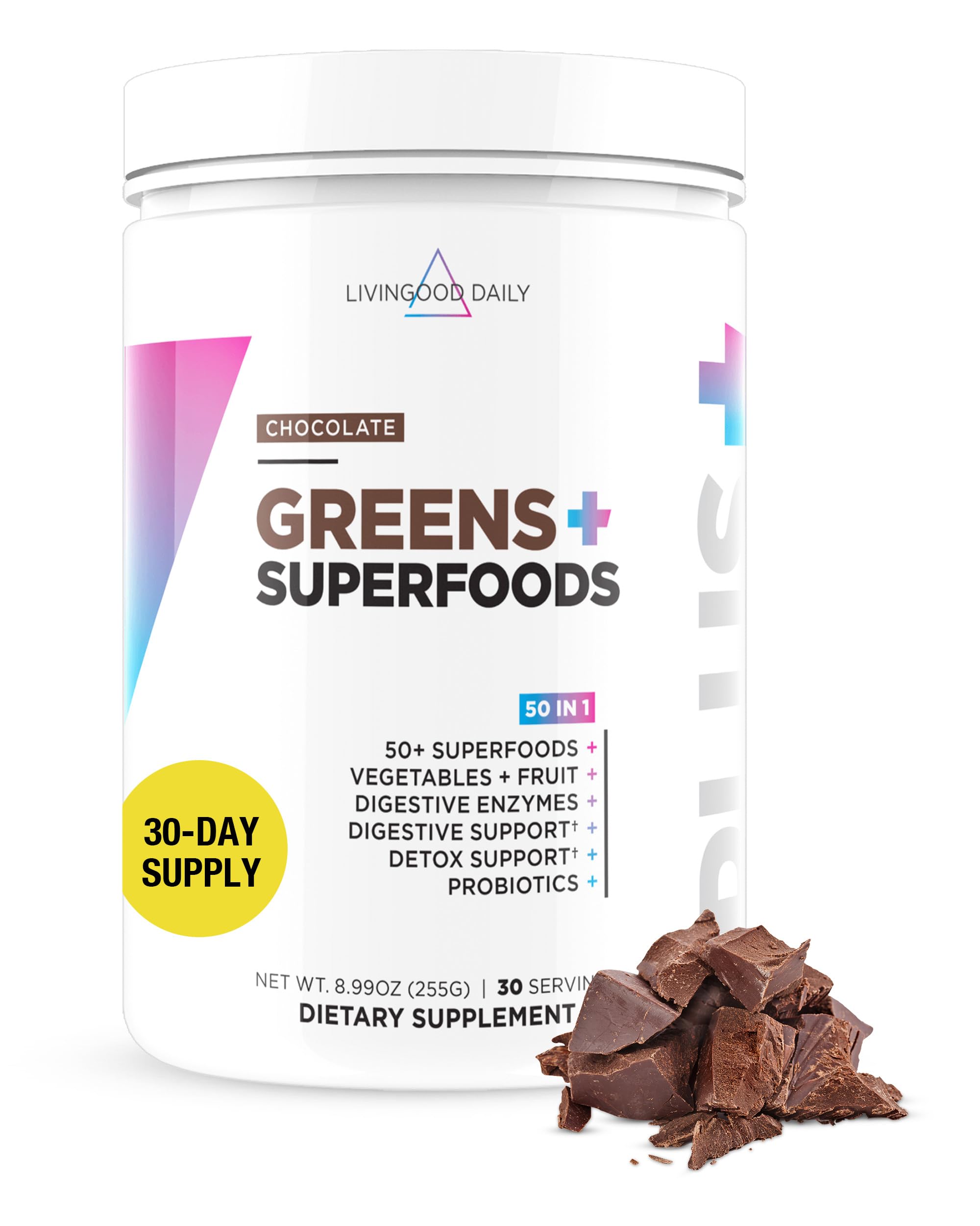 Livingood Daily Greens & Superfood Powder, Super Greens for Gut Health, Green Juice Powder with Spirulina, Chlorella, and Digestive Enzymes, Probiotics for Digestive Support, Chocolate, 30 Servings Livingood Daily uk supplements