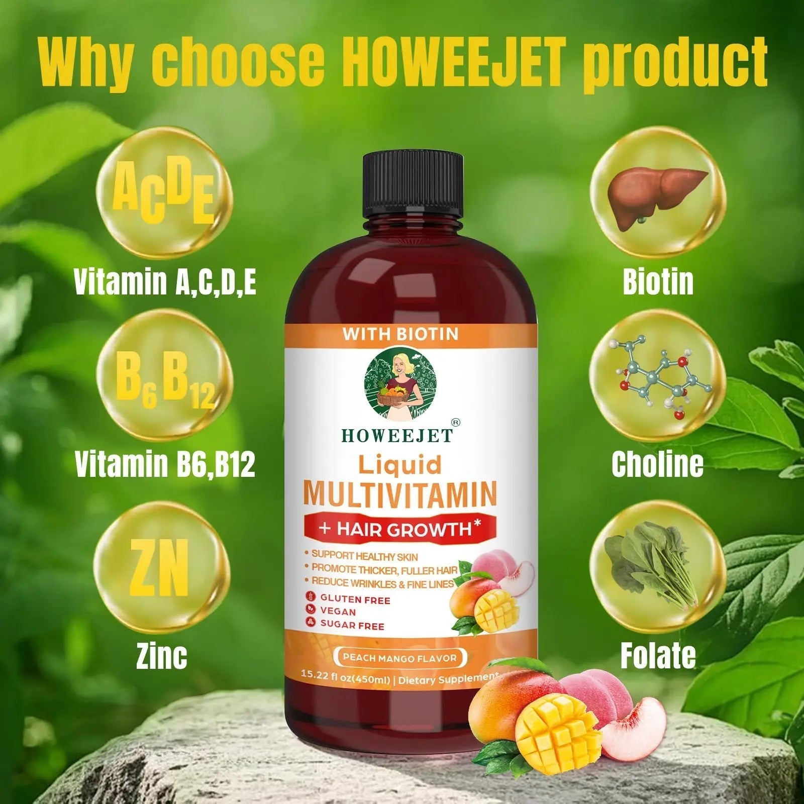 Liquid Multivitamin for Hair Growth | Biotin 10000mcg | Hair & Skin Support Supplement | Clinically Tested for Thicker Hair & Skin Elasticity HOWEEJET uk supplements