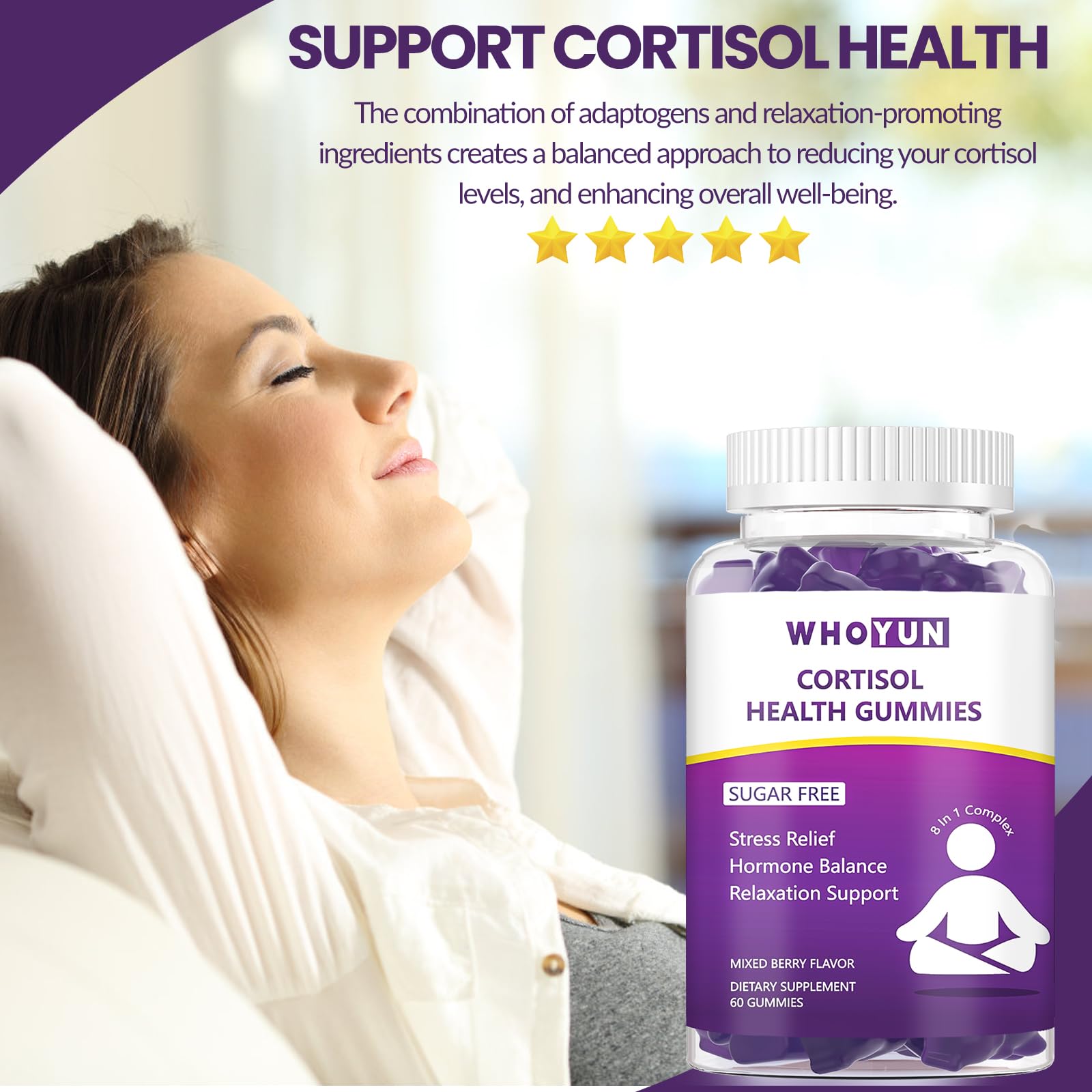 Whoyun Cortisol Supplement Gummies for Women, Lower Cortisol with Phosphatidylserine Ashwagandha Magnesium, Stress Relief, Vegan Sugar Free, 60 Count Whoyun uk supplements