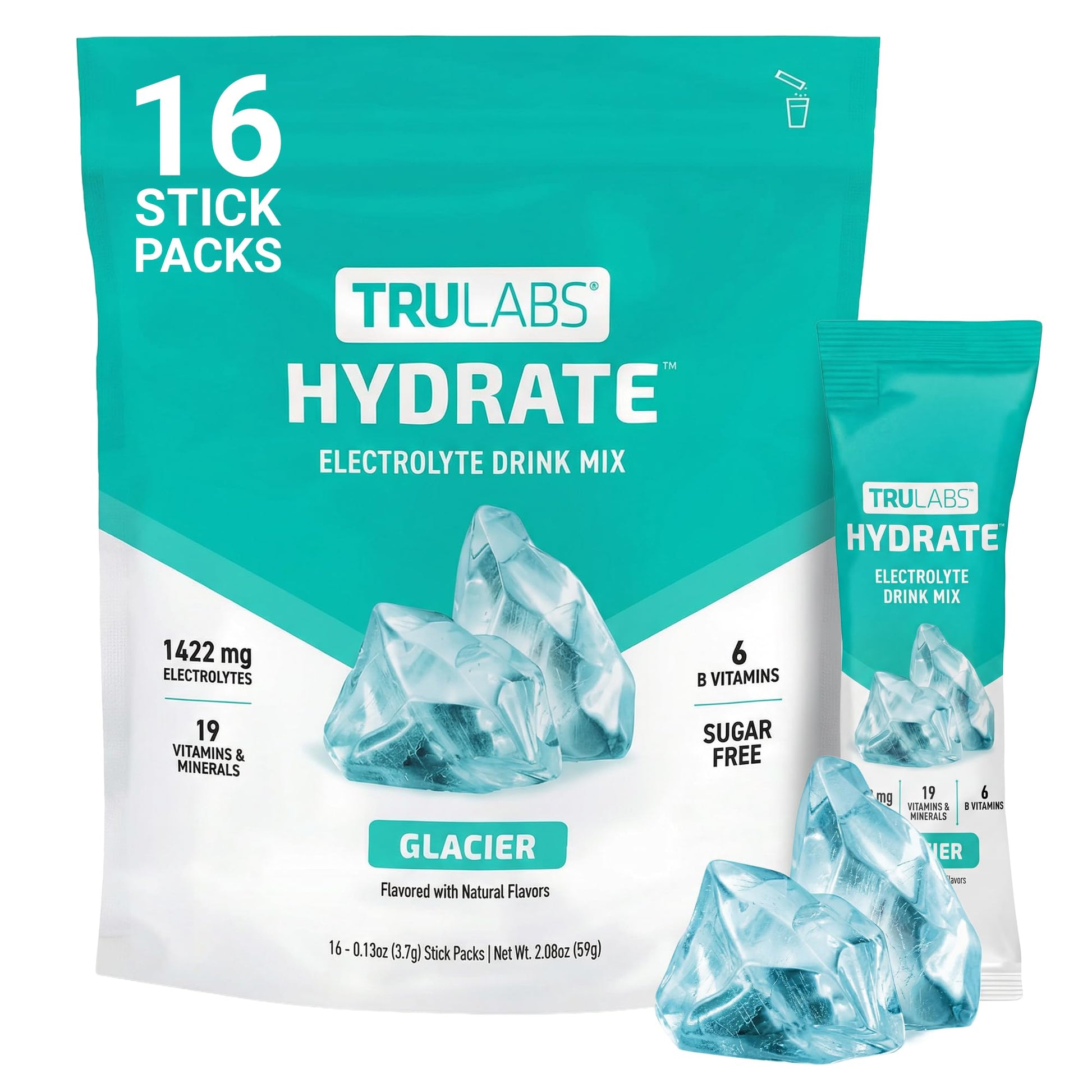 TRULABS Hydrate Electrolyte Drink Mix – Glacier Flavor, Sugar-Free Hydration Packets with 1422 mg Electrolytes & 19 Vitamins & Minerals, Monk Fruit Sweetened, On-the-Go Sticks (16 Count) TRULABS uk supplements