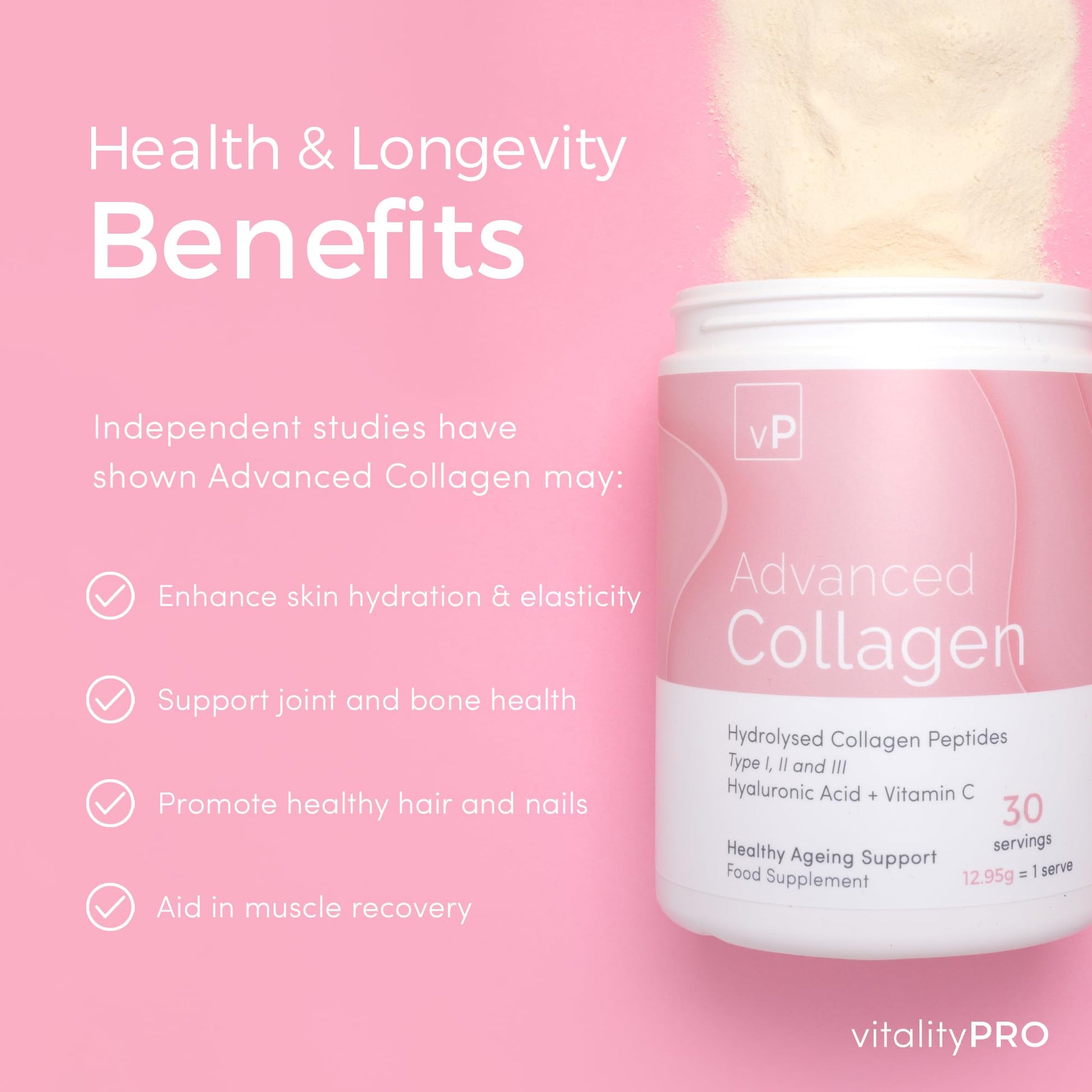Advanced Collagen with Hyaluronic Acid - 12.95g x 30 Servings - Type 1 2 3 vP Vitality Pro uk supplements
