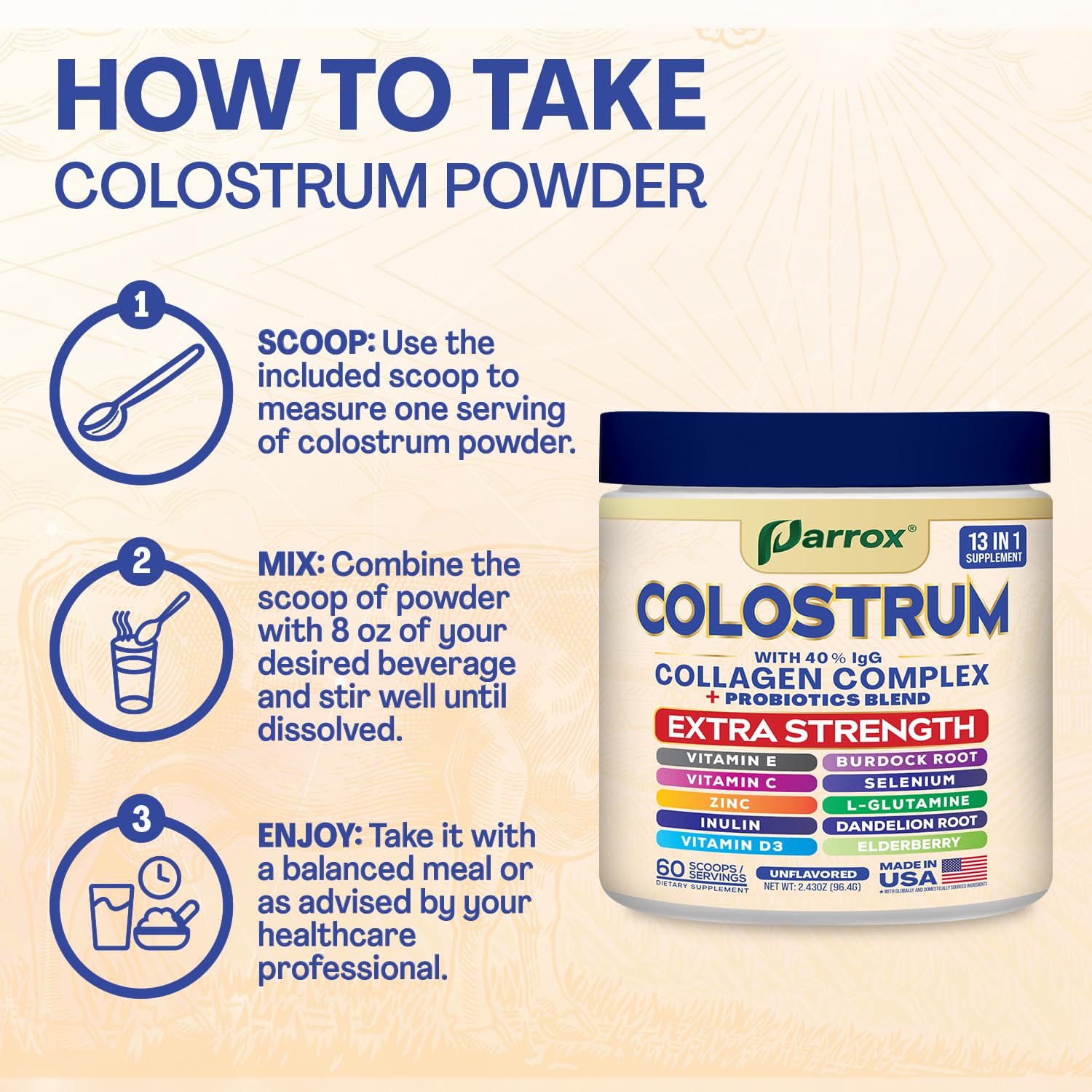 Parrox Colostrum Powder with 40% IgG, Collagen, Probiotics, Burdock Root, L-Glutamine, Elderberry, Vitamin C, Vitamin E, Vitamin D3, Inulin, Selenium, Dandelion Root, Zinc, 60 Servings (Unflavored) Parrox uk supplements