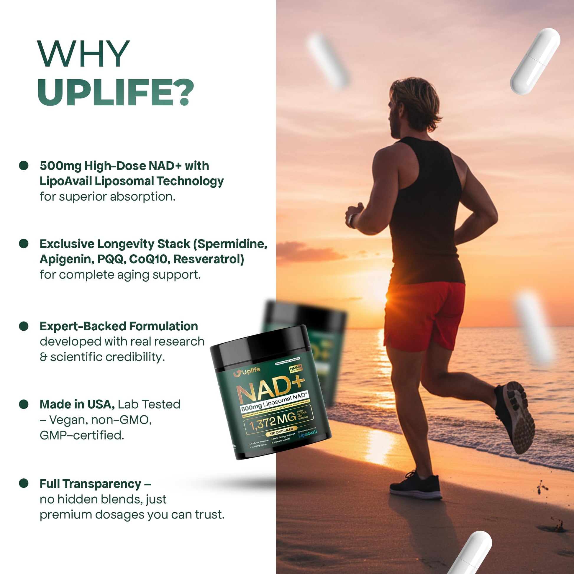 UPLIFE NAD+ Supplement 1,372mg – Liposomal NAD+ with CoQ10, Resveratrol, Spermidine, L-Theanine, Apigenin & PQQ – NMNH Alternative Booster Cellular Energy, Healthy Aging, Immune Health – 120 Capsules UPLIFE uk supplements