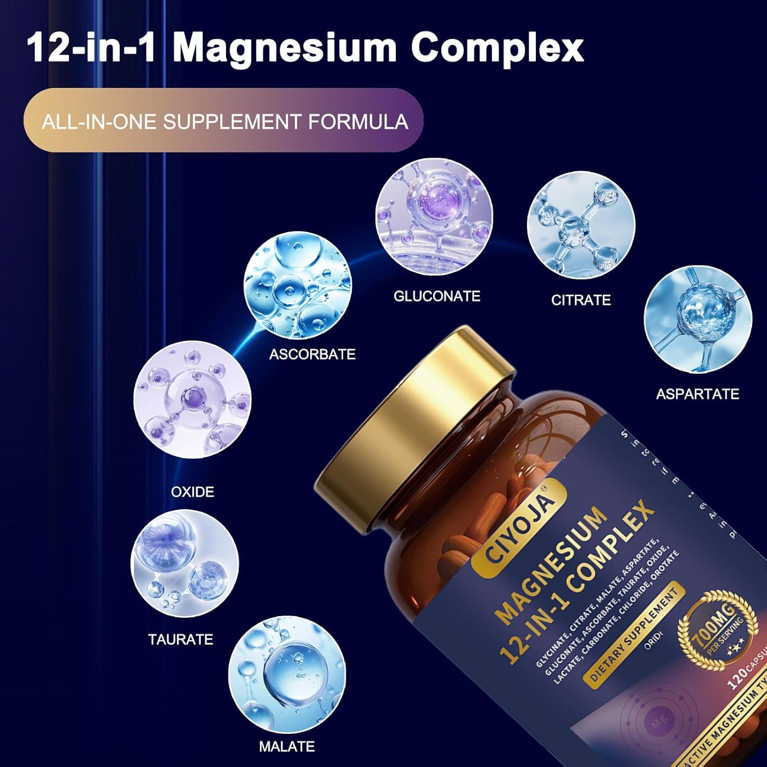 12 in 1 Magnesium Complex 700mg: Magnesium Supplement with Glycinate, Citrate, Malate, Taurate, High Absorption Magnesium for Sleep, Muscle Recovery, Nerve & Heart Support, Vegan, 120 Capsules CIYOJA uk supplements