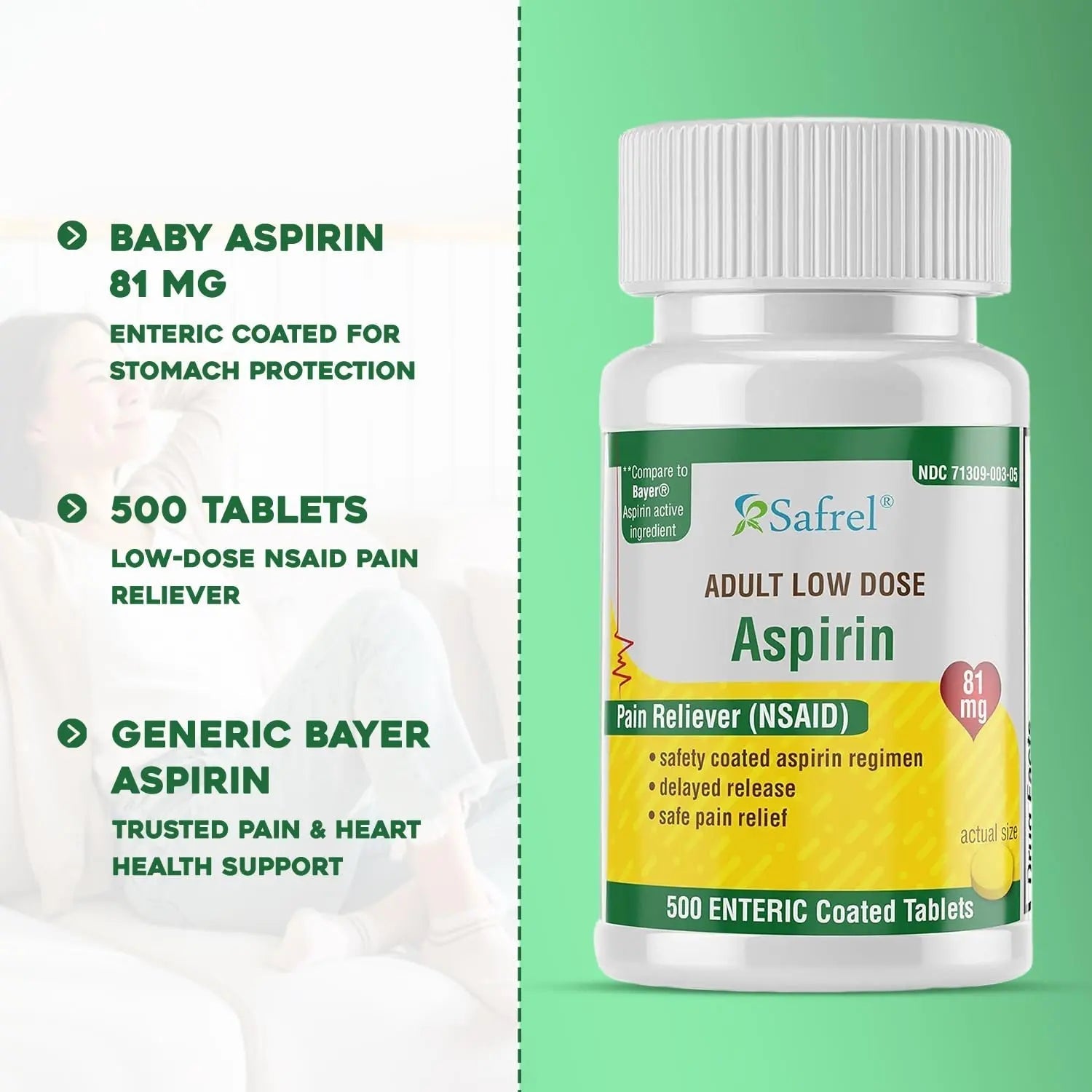 Safrel Generic Bayer Baby Aspirin 81 mg (500 Enteric Coated Tablets) | Adult Low Dose Strength Safe Pain Reliever (NSAID) for Minor Aches | Value Pack Safrel uk supplements