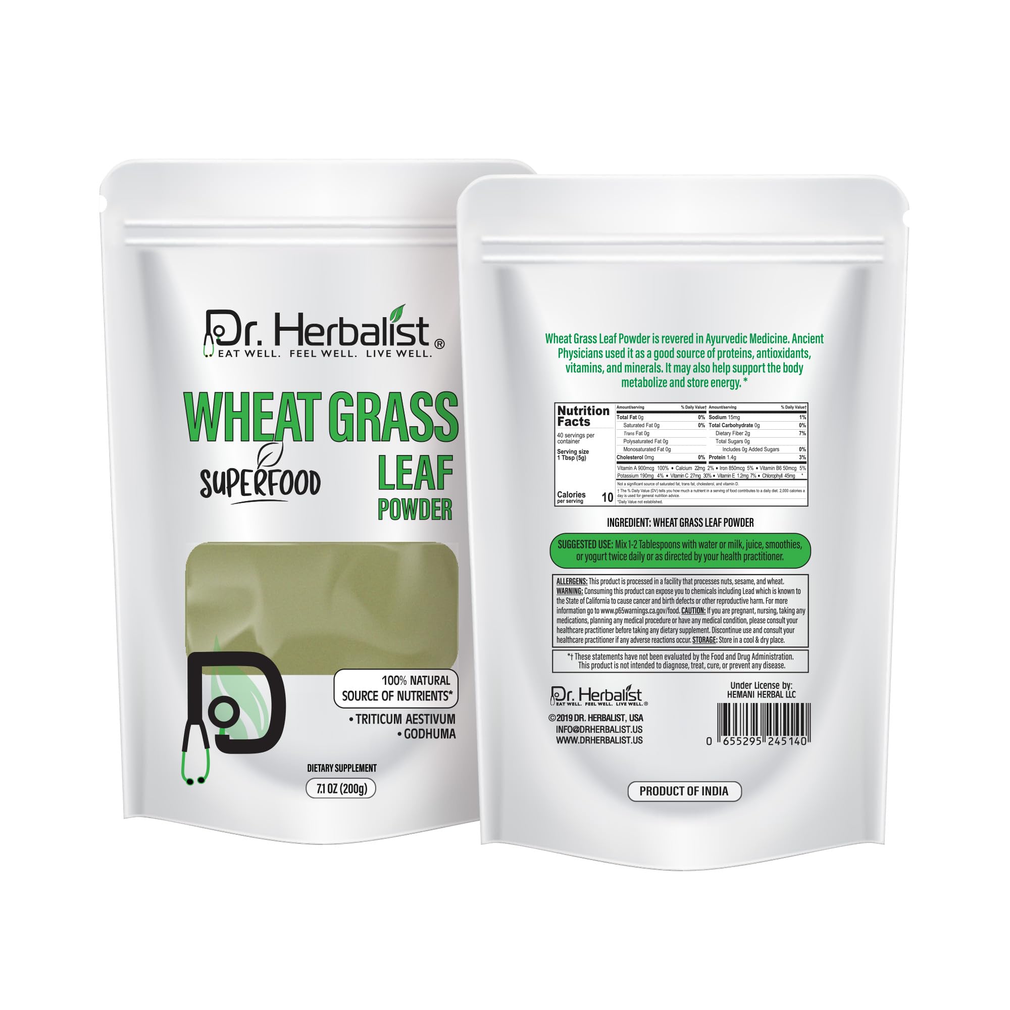 Dr. HERBALIST Wheatgrass Powder 200g - Pure Triticum Aestivum with Chlorophyll Iron & Vitamins A C E | Supports Daily Greens Detox & Nutrient Density* | Halal Dr. HERBALIST uk supplements