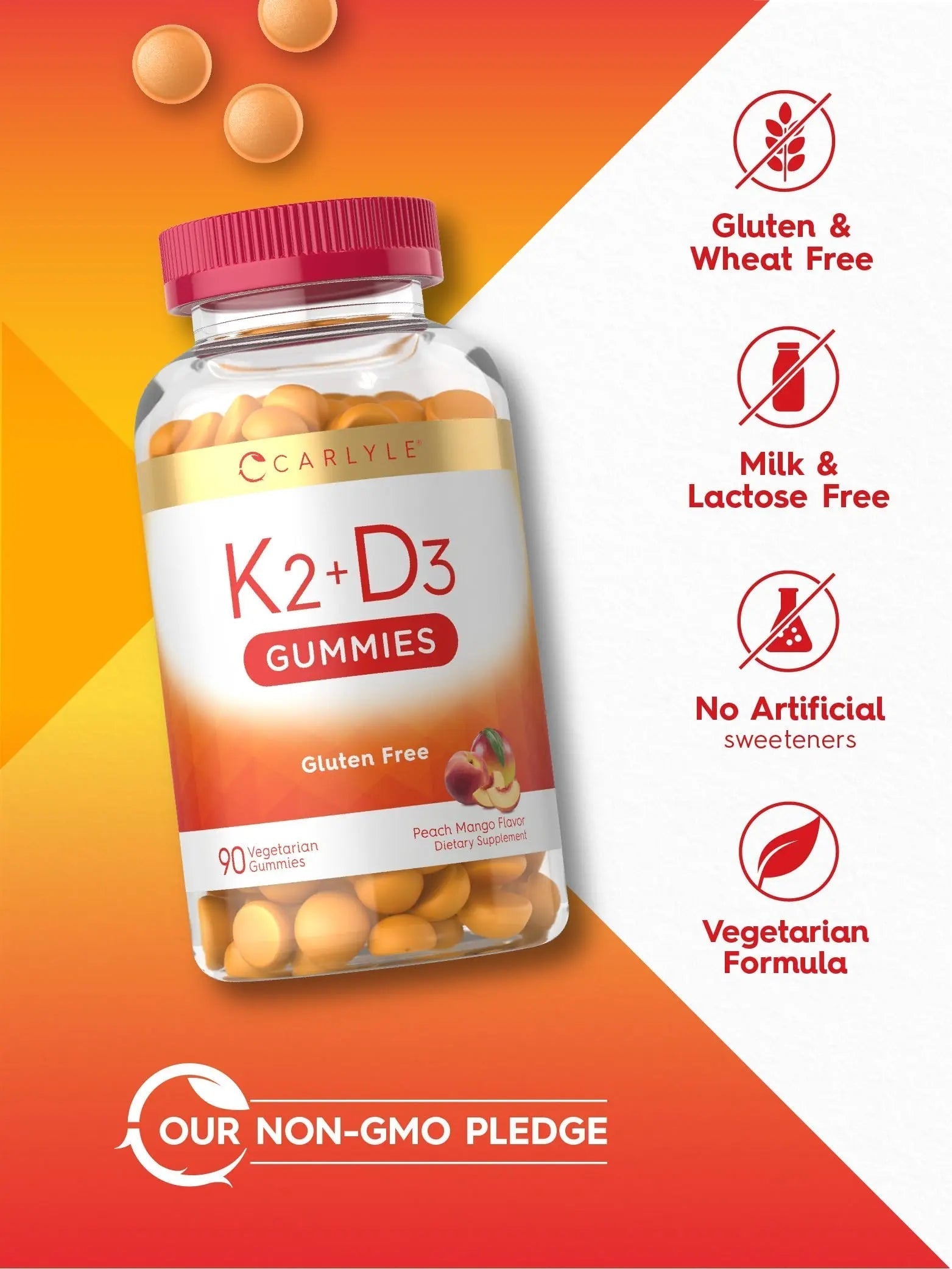 Carlyle Vitamin D3 K2 Gummies | 90 Count | 5,000 IU of D3 + 100 mcg MK7 | Peach Mango Flavor Carlyle uk supplements