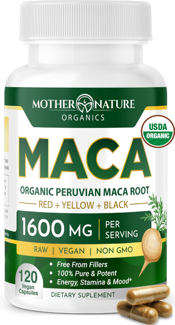 Mother Nature Organic Maca Root Capsules – 1600mg, 120 Vegan Capsules – Non GMO Peruvian Yellow, Red & Black Maca for Men & Women - Energy, Hormone, Brain & Weight Well-Being Mother Nature Organics Superfoods for Organic Living uk supplements
