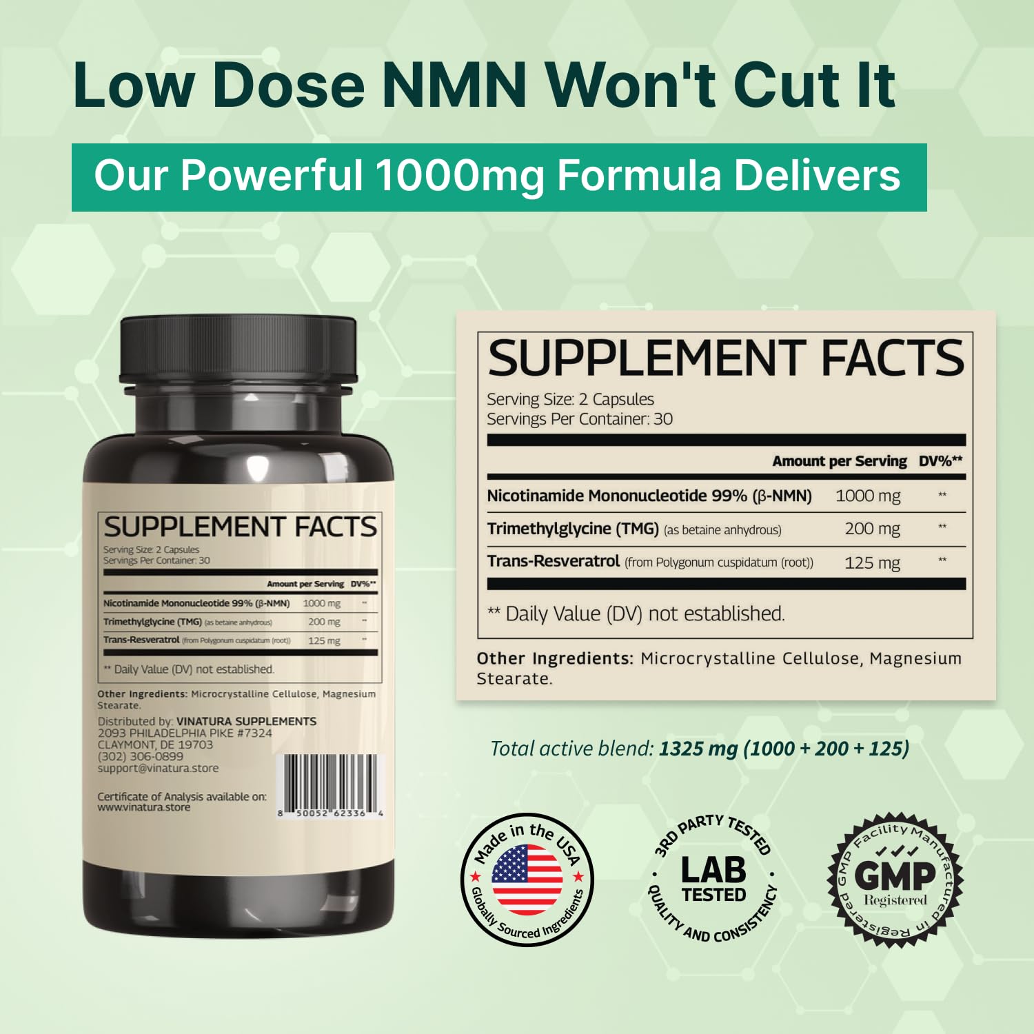 VINATURA NMN Complex Supplement 1325MG - NMN 1000mg with Resveratrol and TMG, Support NAD+, 60 Capsules VINATURA uk supplements