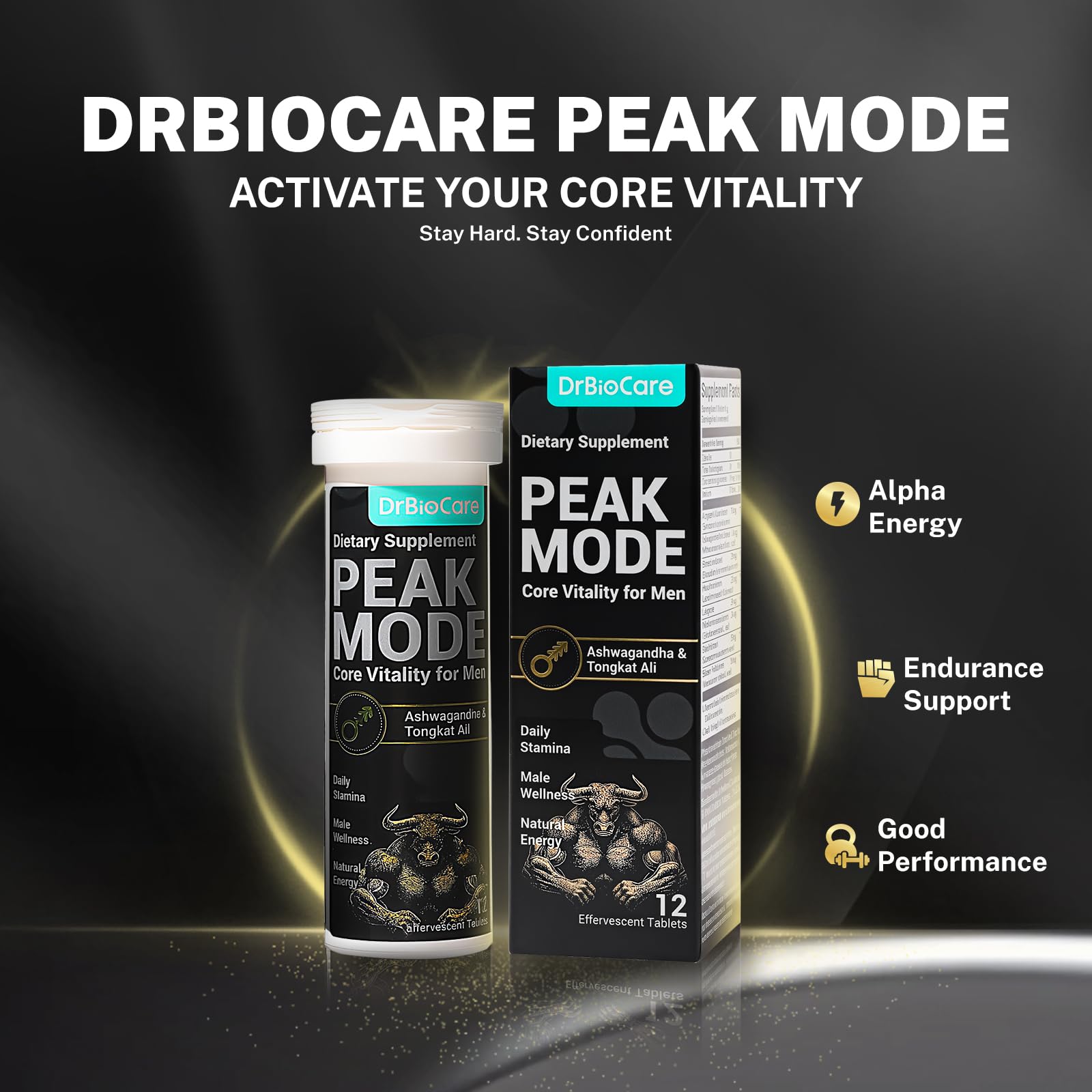 DrBioCare Peak Mode Core Vitality for Men 7-in-1 Effervescent Tablets | Tongkat Ali, Maca & L-Arginine，Ashwagandha, | Boost Stamina, Drive & Blood Flow for Good Performance | Berry Flavor 12 Tablets DrBioCare uk supplements