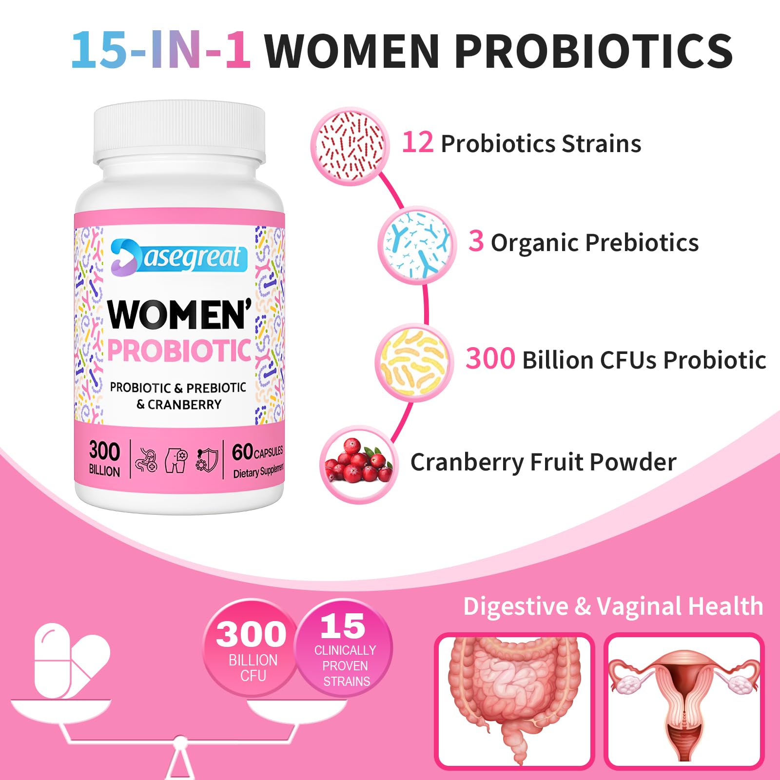 300 Billion CFUs Probiotics for Women,12 Strains Probiotics with Prebiotic Cranberry Heafetine uk supplements