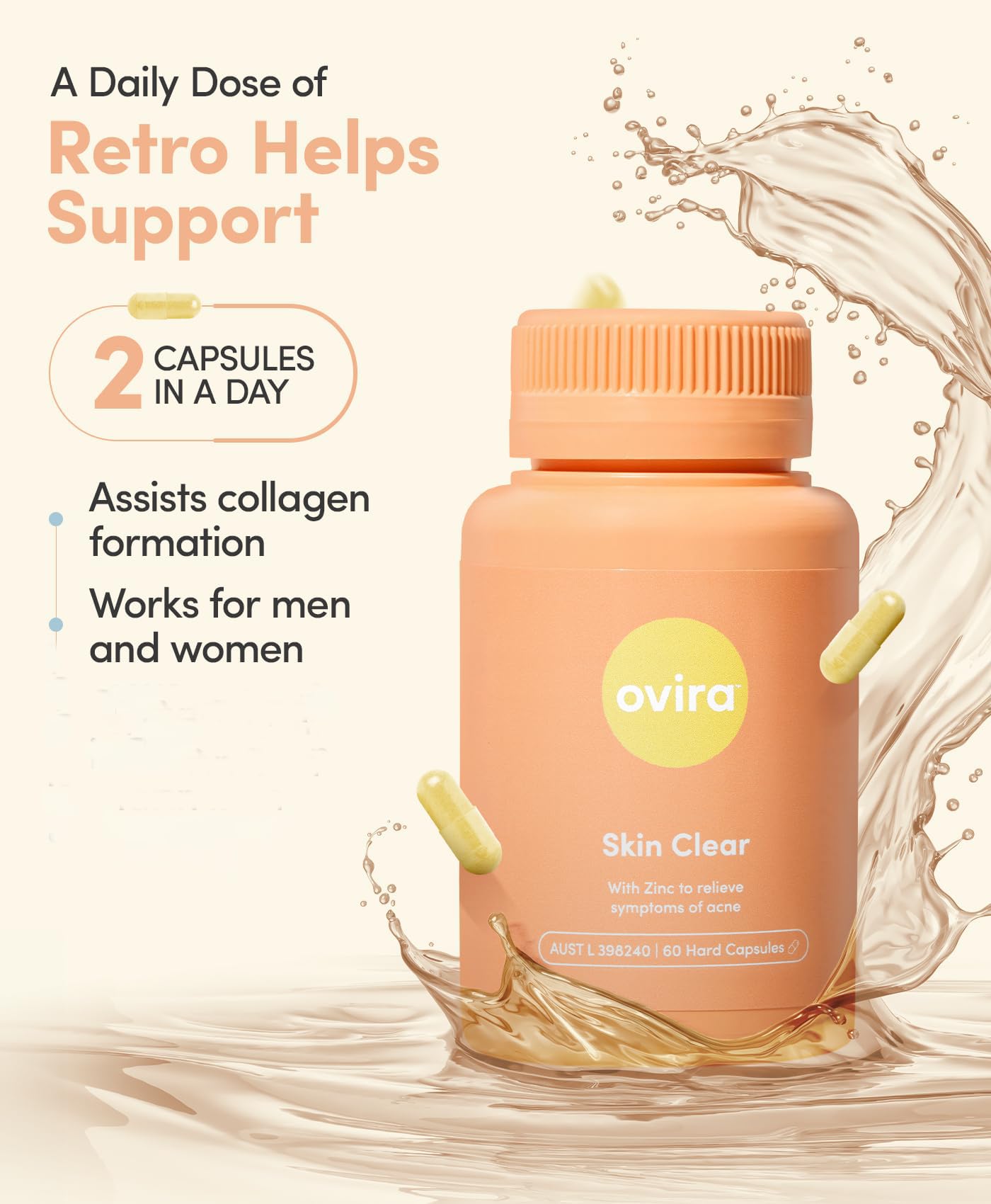 Ovira Skin Clear with ZINCBRIGHT - 60 Capsules for Clear and Glowing Skin | Rosacea & Hormonal Acne Treatment | Support Collagen Production | Acne Supplements for Women & Men - Pack of 2 Ovira uk supplements