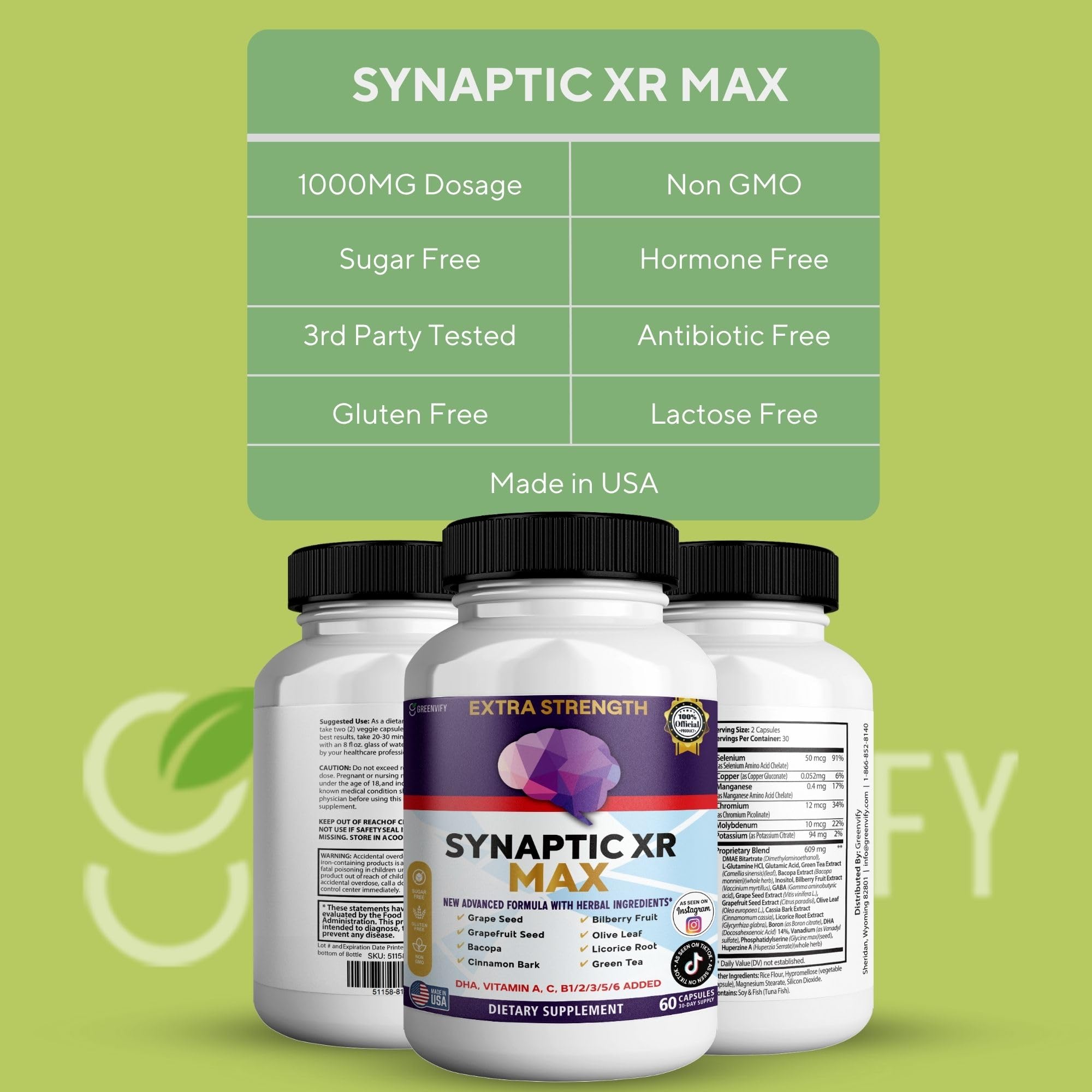 GREENVIFY Synaptic XR Max Extra Strength Brain Support Supplement with Herbal Ingredients, 60 Capsules, DHA Vitamins, Nootropic Formula (1) GREENVIFY uk supplements