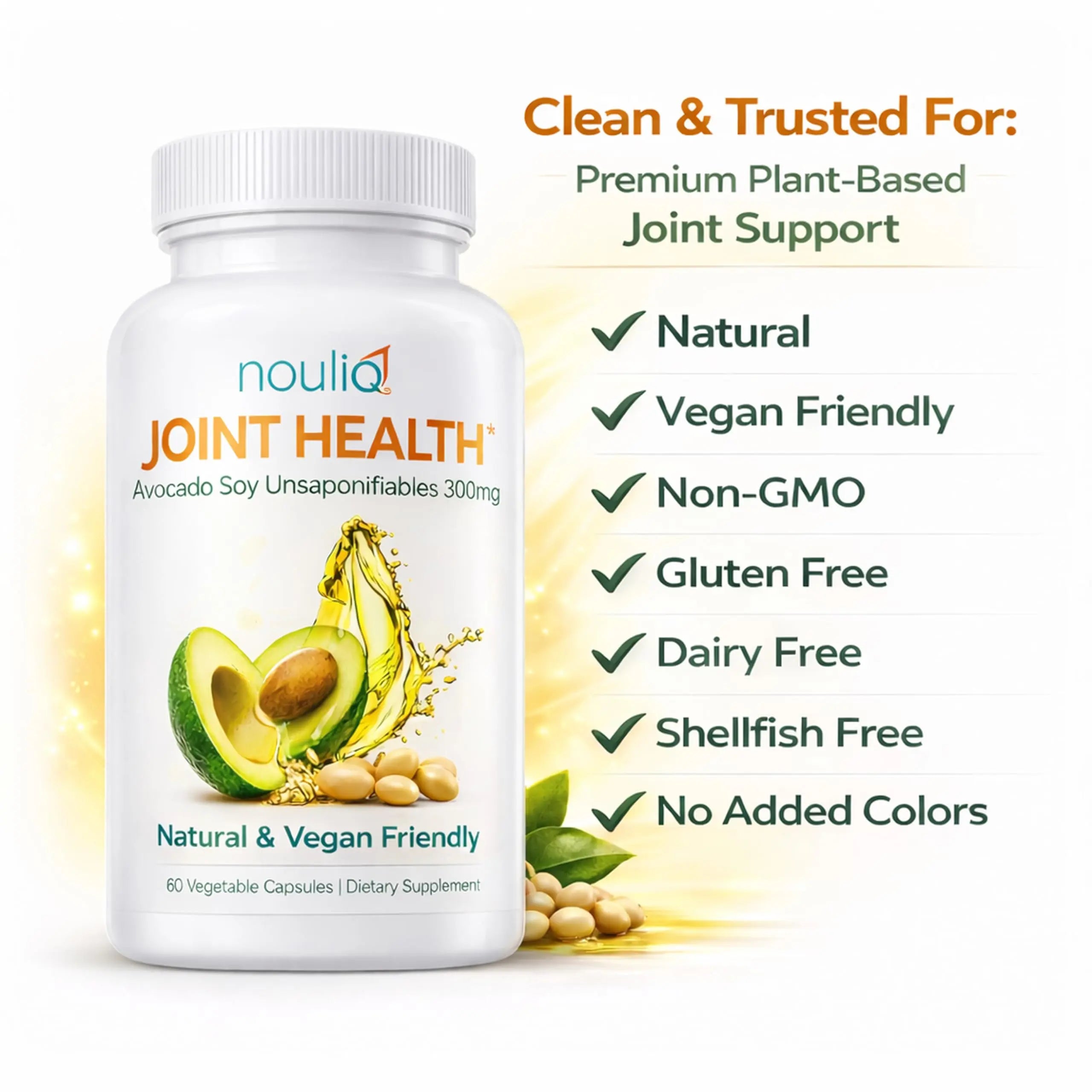 NOULIQ Natural & Vegan-Friendly Joint Health Supplement, Avocado Soy Unsaponifiables 300mg, Non-GMO, Free of Any Gluten, Artificial Colors or Flavors, Dairy and Shellfish, 60 Day Supply. NOULIQ uk supplements
